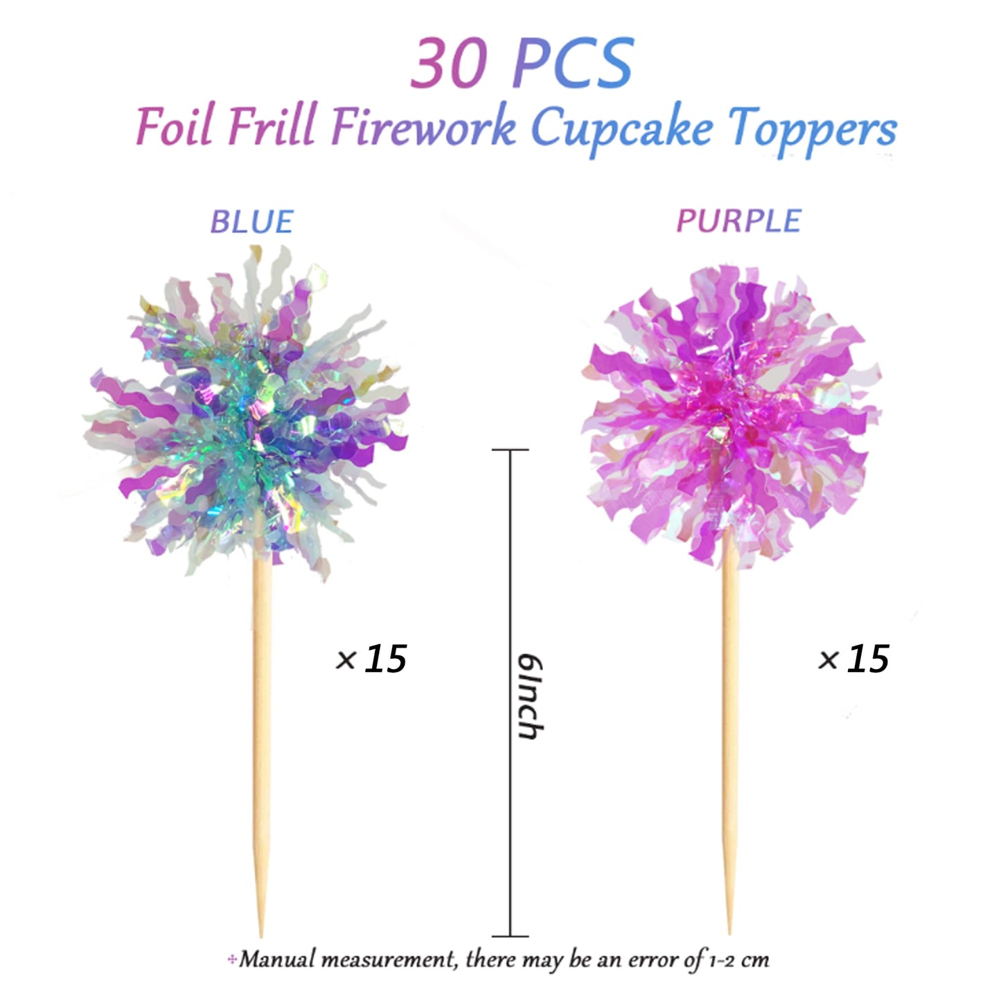 Takemay 30PCS Cupcake Toppers - Sparkle Blue & Purple Foil Firework - 6 Inches for Christmas, Birthday, Wedding Party