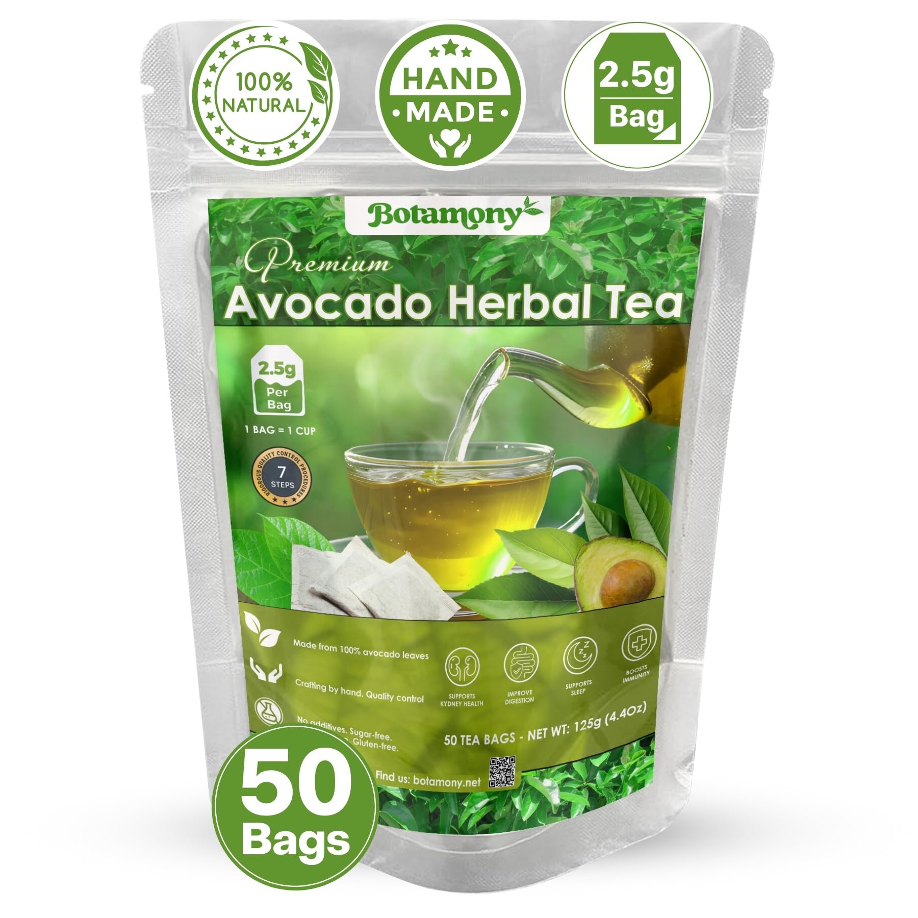 BOTAMONY 65 Premium Avocado Leaf Tea Bags, Organic, Non-GMO, 100% Natural, Caffeine-Free, 2g each