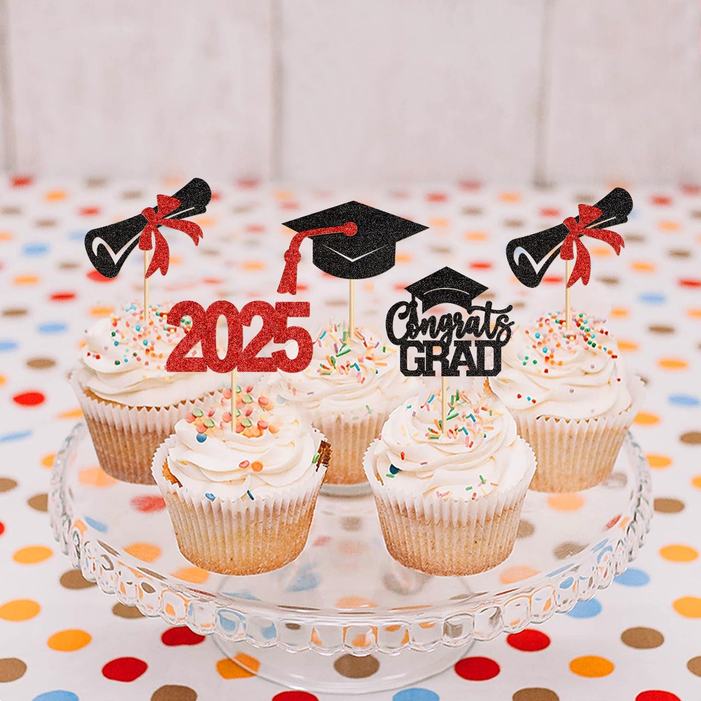 Keaziu 24 Pack Graduation Cupcake Toppers Class of 2025 Congrat Red Party Supplies