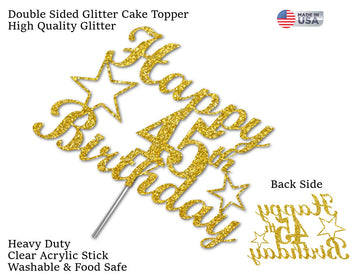 45 Birthday Cake Topper Gold Glitter, Party Decoration Ideas, Premium Quality, Sturdy Doubled Sided Glitter, Acrylic Stick. Made