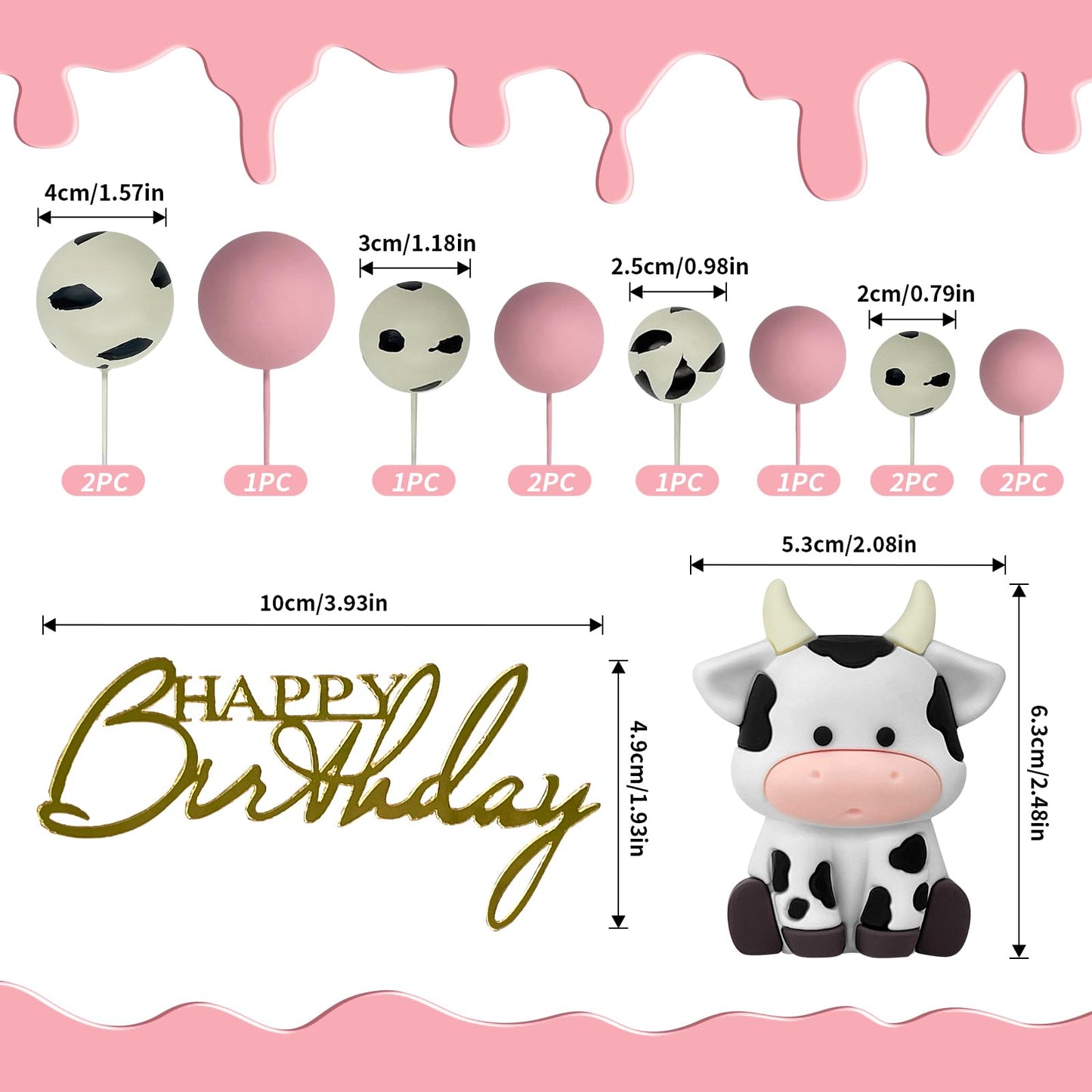 14 Pcs Cow Cake Decorations Pearls Balls Cake Toppers With Gold Happy Birthday Acrylic Cake Topper For Baby Shower Wedding Birth
