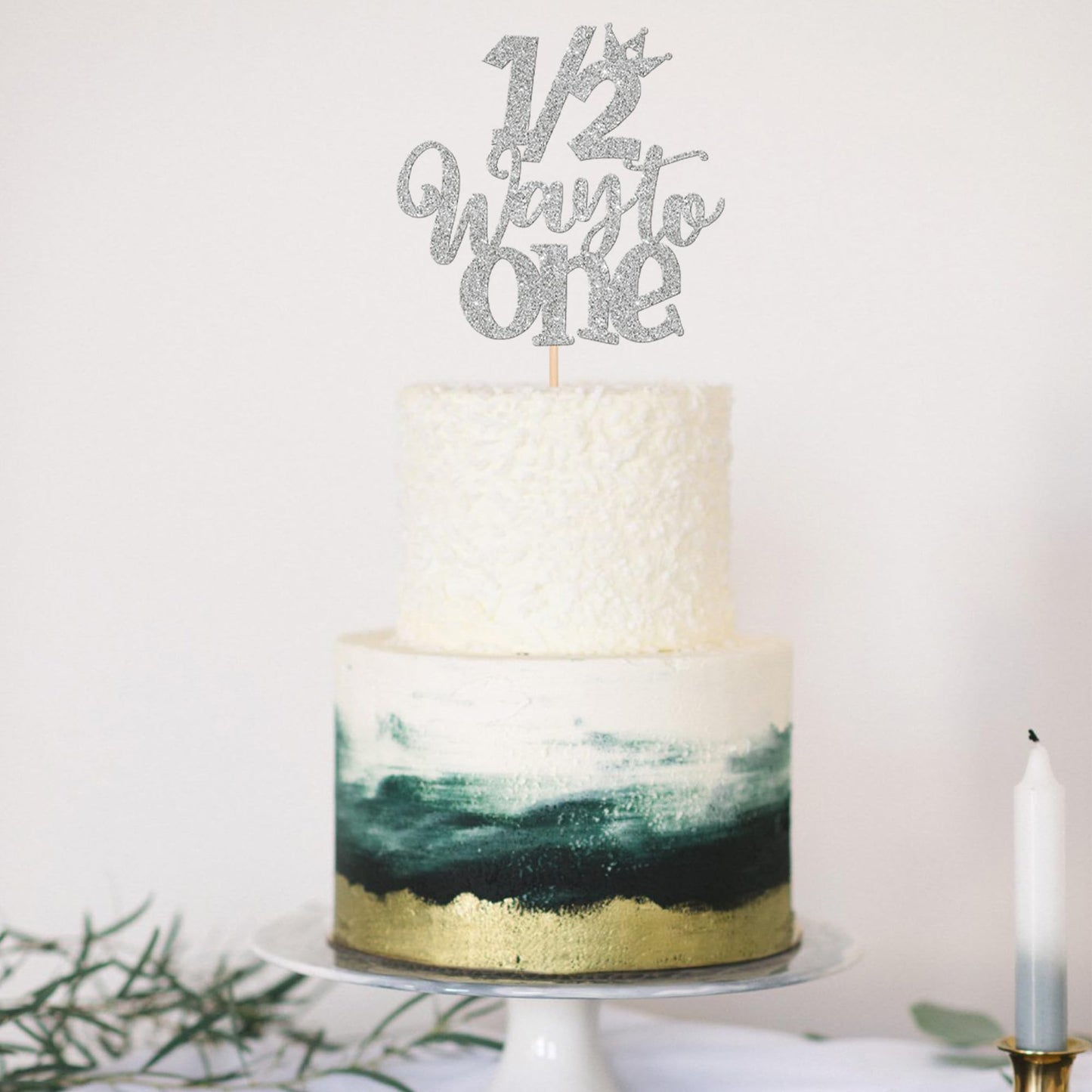 ZHUOWEISM Cake Topper Glitter Half Way to Go Decoration for 6 Months Birthday, Silver, Paper