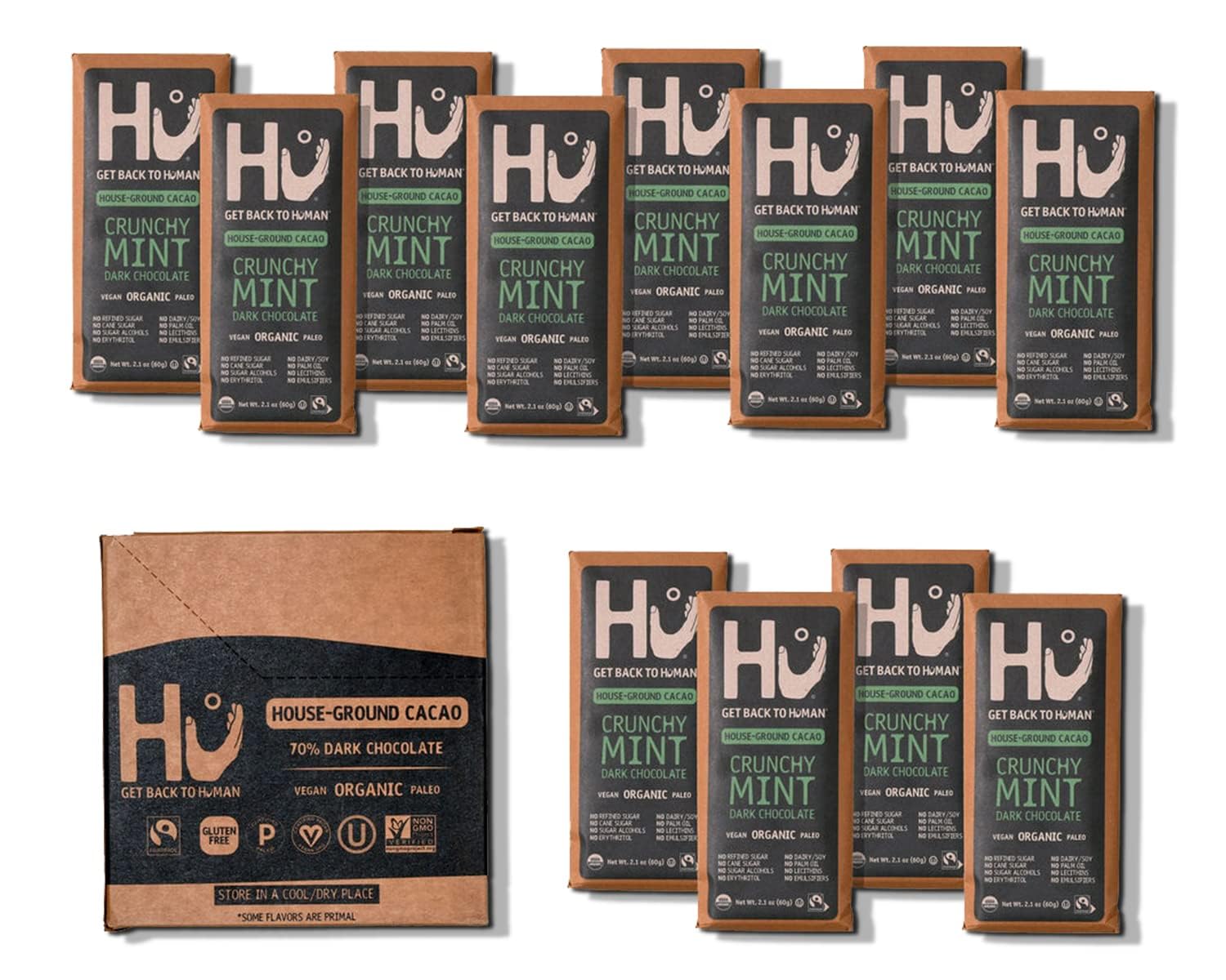 Hu Chocolate Bars | 12 Pack Crunchy Mint Chocolate | Natural Organic Vegan, Gluten Free, Paleo, Non GMO, Fair Trade Dark Chocola