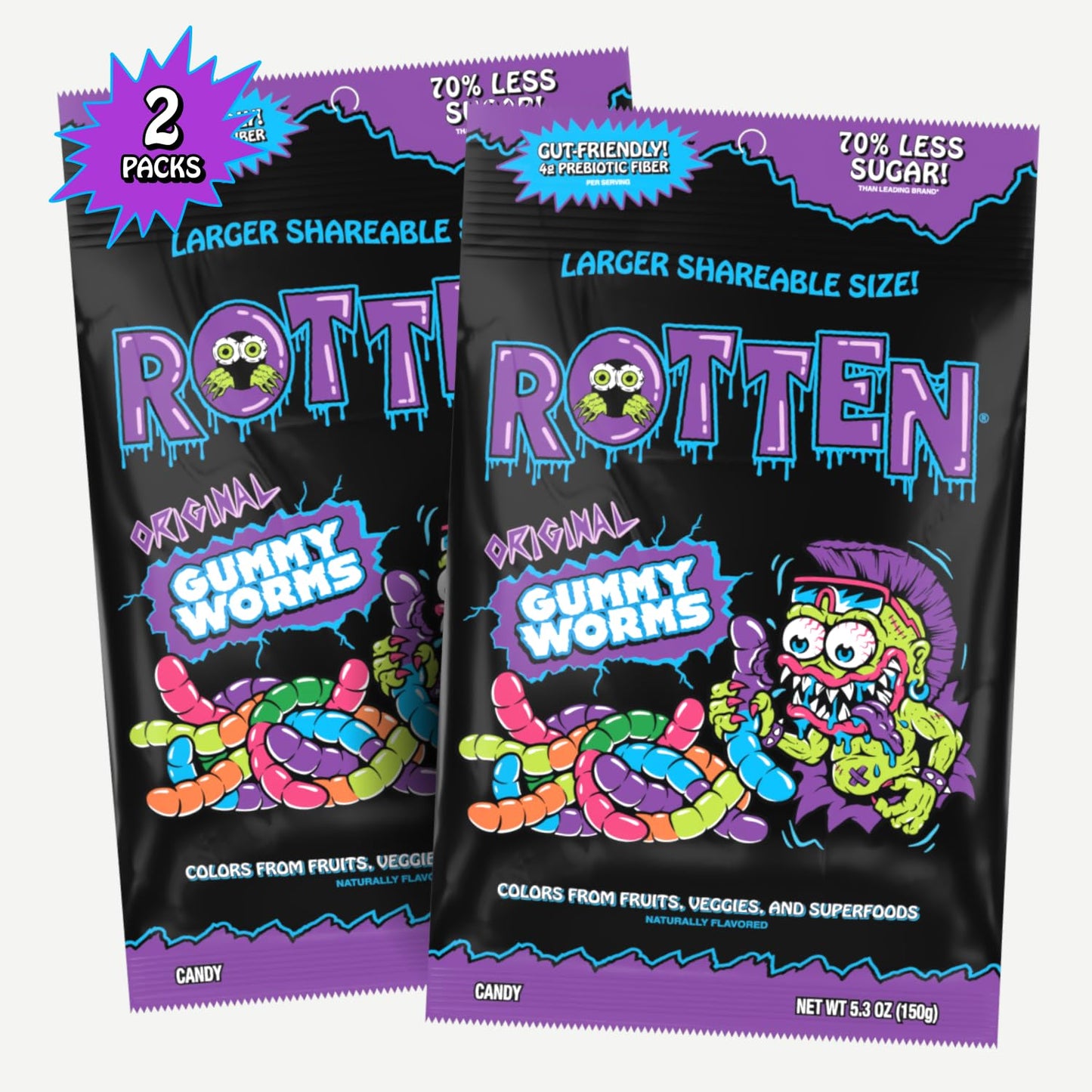 Rotten Gummy Worms - Low Sugar, Gluten Free Candy with Prebiotic Fiber & Protein - 2 Pack (Two 5.3oz Bags)