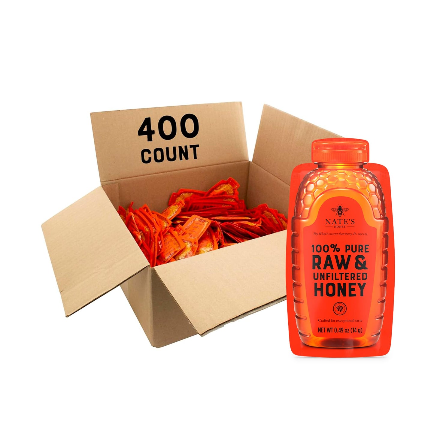 Nates Bulk 400ct Honey Minis - Single-Serve 100% Pure  Raw & Unfiltered Honey - 0.49oz Packets  400ct box