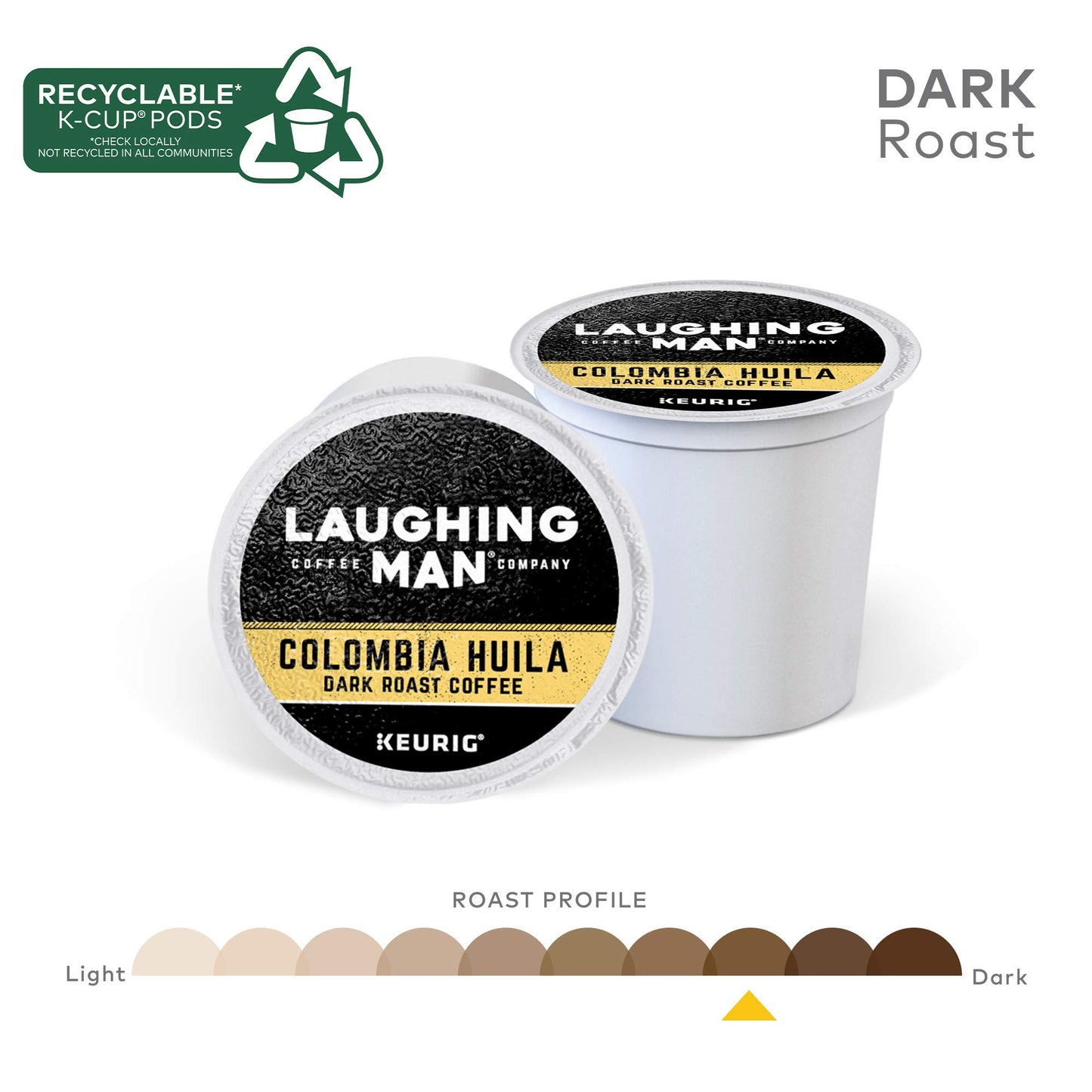 Laughing Man Colombia Huila Coffee, Keurig Single Serve K-Cup Pods, Dark Roast, 88 Count (4 Packs of 22)