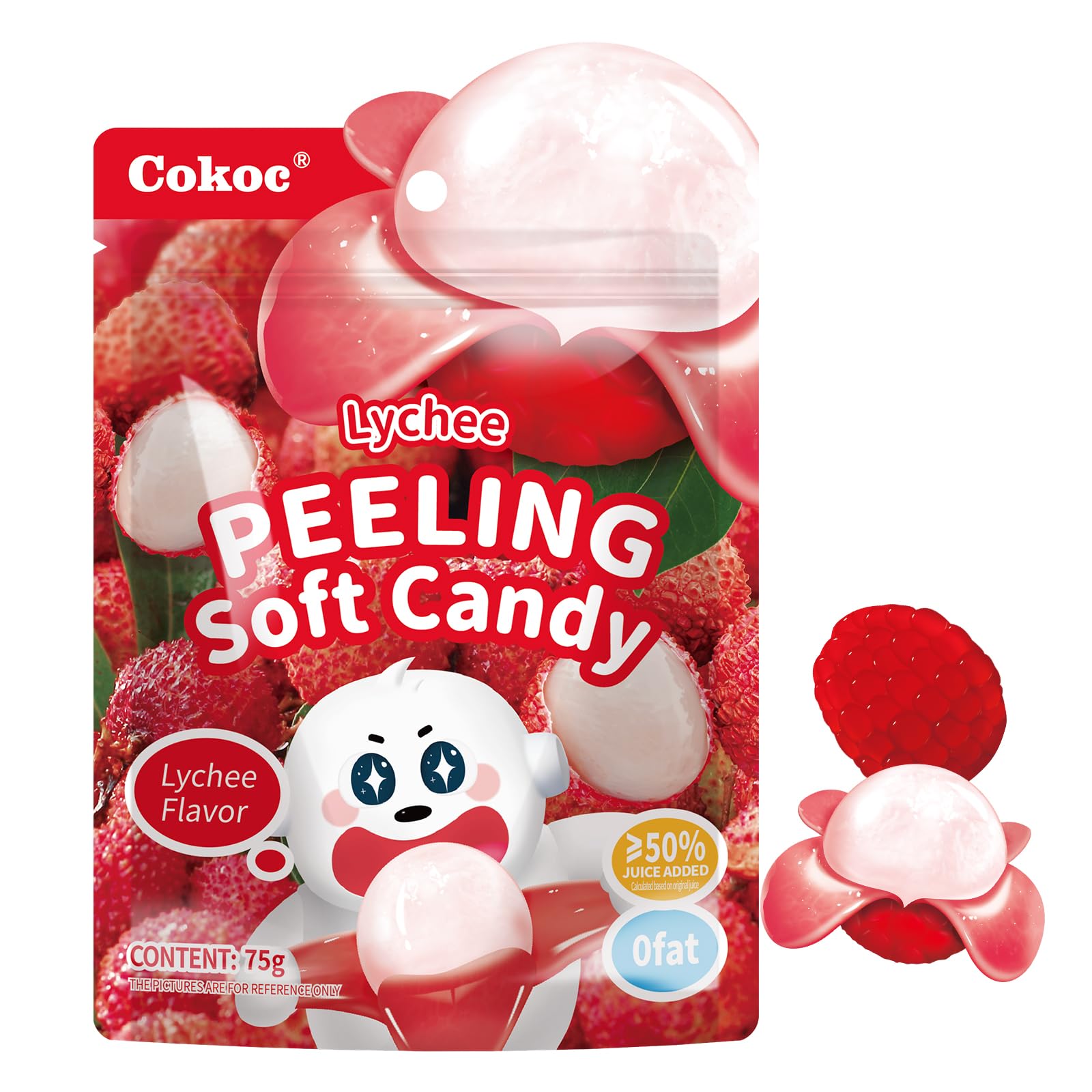 COKOC Peelable Gummies Lychee Candy, Fruit-Shaped Snack, 2.64oz Bag, Pack of 3