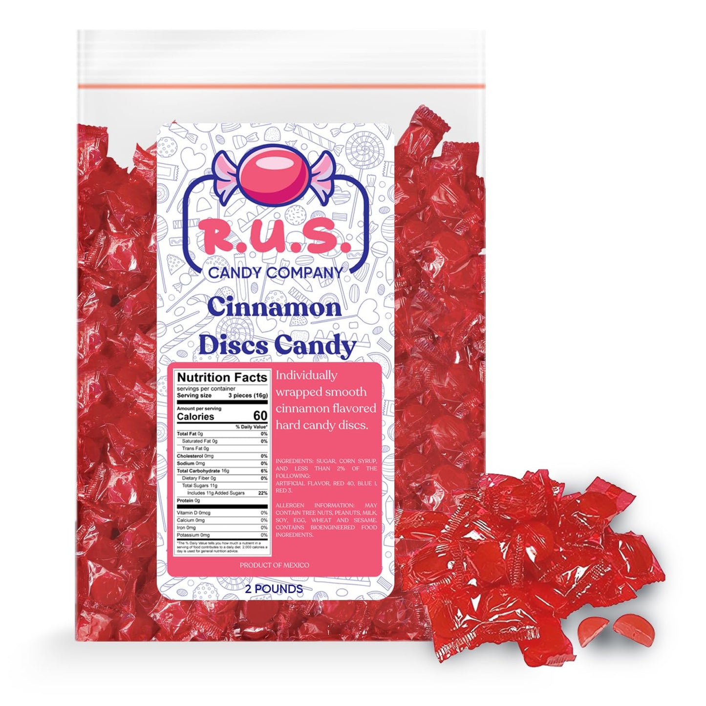 R.U.S. Candy Company Cinnamon Disc Candy - 2 Pound Bag - Spicy Hard Candy Perfect for Parties and Gift Giving (2 Pound, Cinnamon