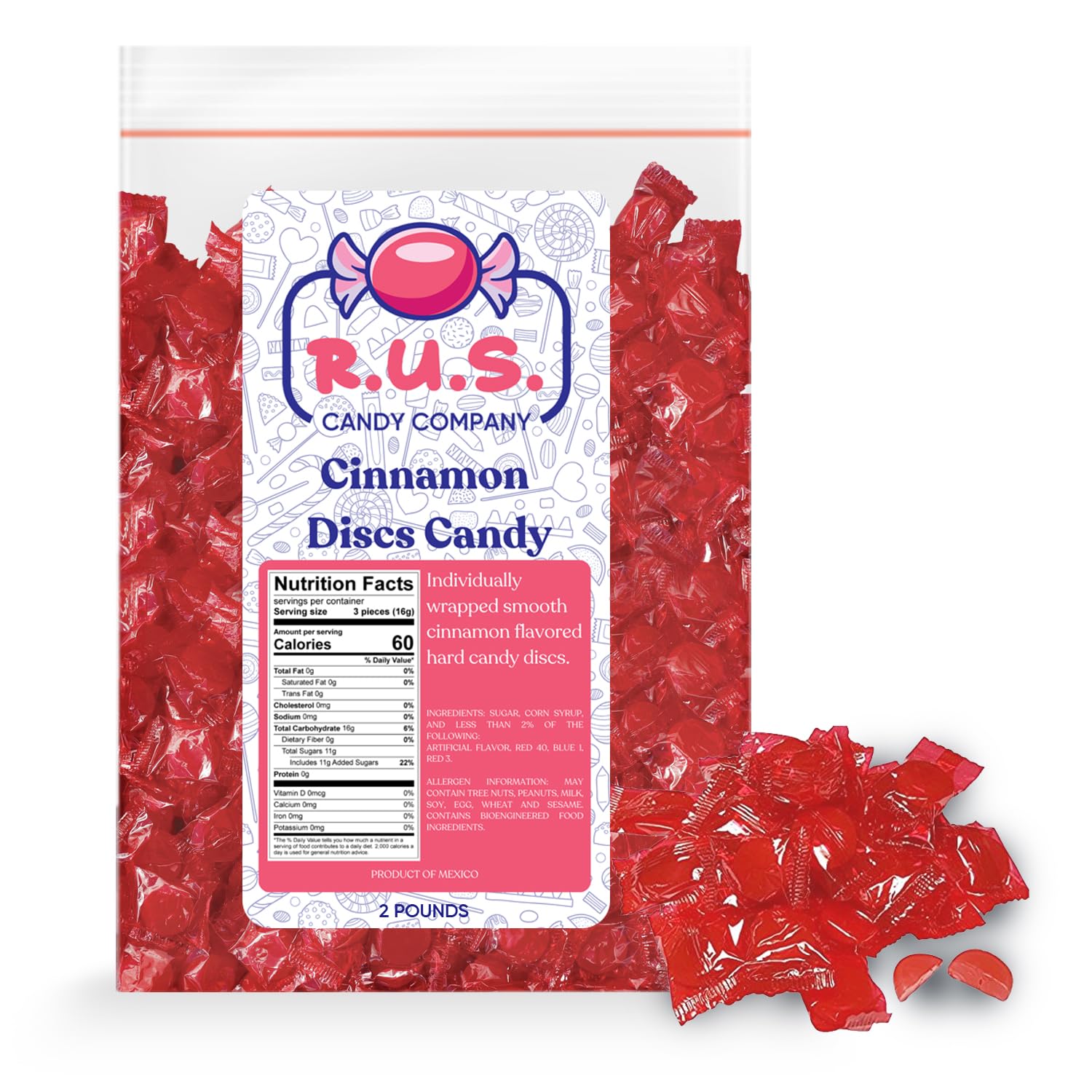 R.U.S. Candy Company Cinnamon Disc Candy - 2 Pound Bag - Spicy Hard Candy Perfect for Parties and Gift Giving (2 Pound, Cinnamon