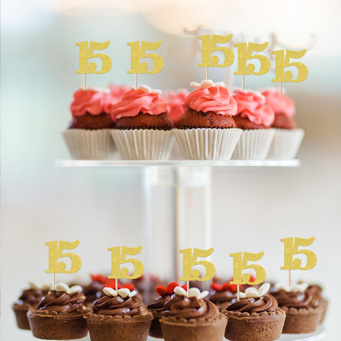 30 Pcs Number 15 Cupcake Toppers Glitter Cheers To 15 Years Old Birthday Cupcake Picks 15Th Birthday Wedding Anniversary Party C