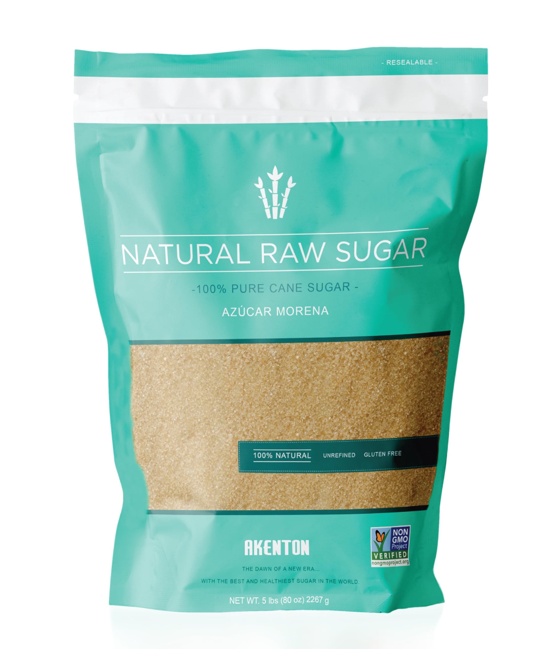 Akenton Natural Raw Cane Sugar, 5 Pound Resealable Bag | 100% Natural, Unprocessed, Unbleached, Unrefined Sugar | Gluten-Free, V
