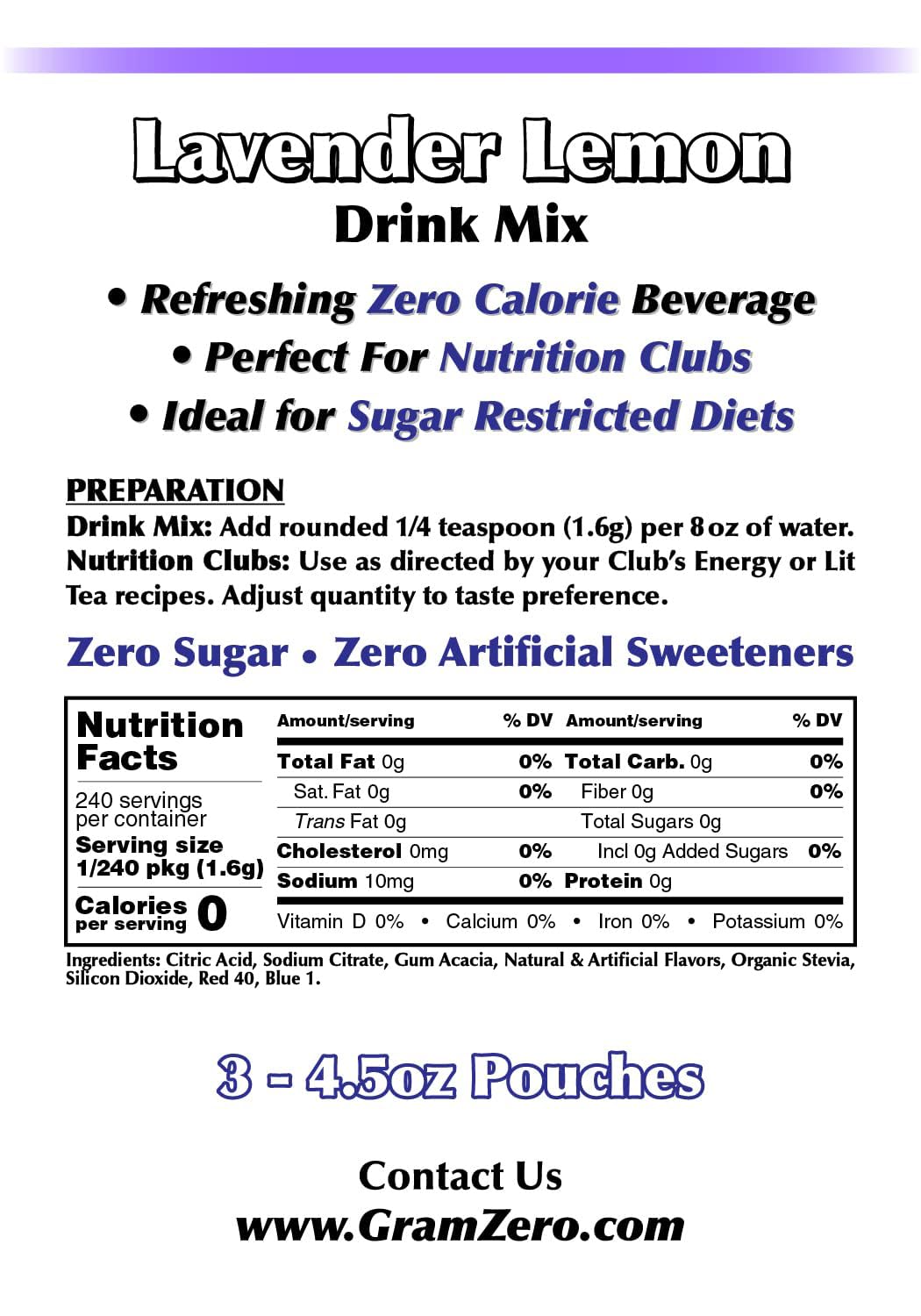 Gramzero Lavender Lemon Zero Calorie Sugar Free Drink Mix, Great For Nutrition Club Loaded Tea, Stevia Sweetened