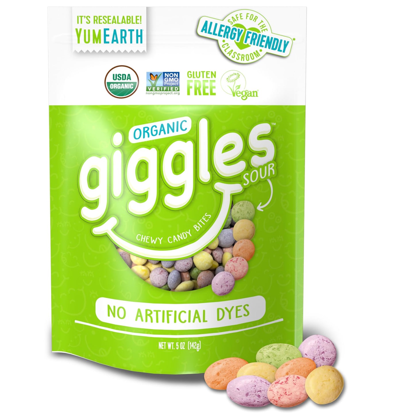 YumEarth Organic Sour Giggles Chewy Candy - Allergy Friendly, No Artifical Dyes, Non GMO, Gluten Free, Sour Fruit Flavored, Vega