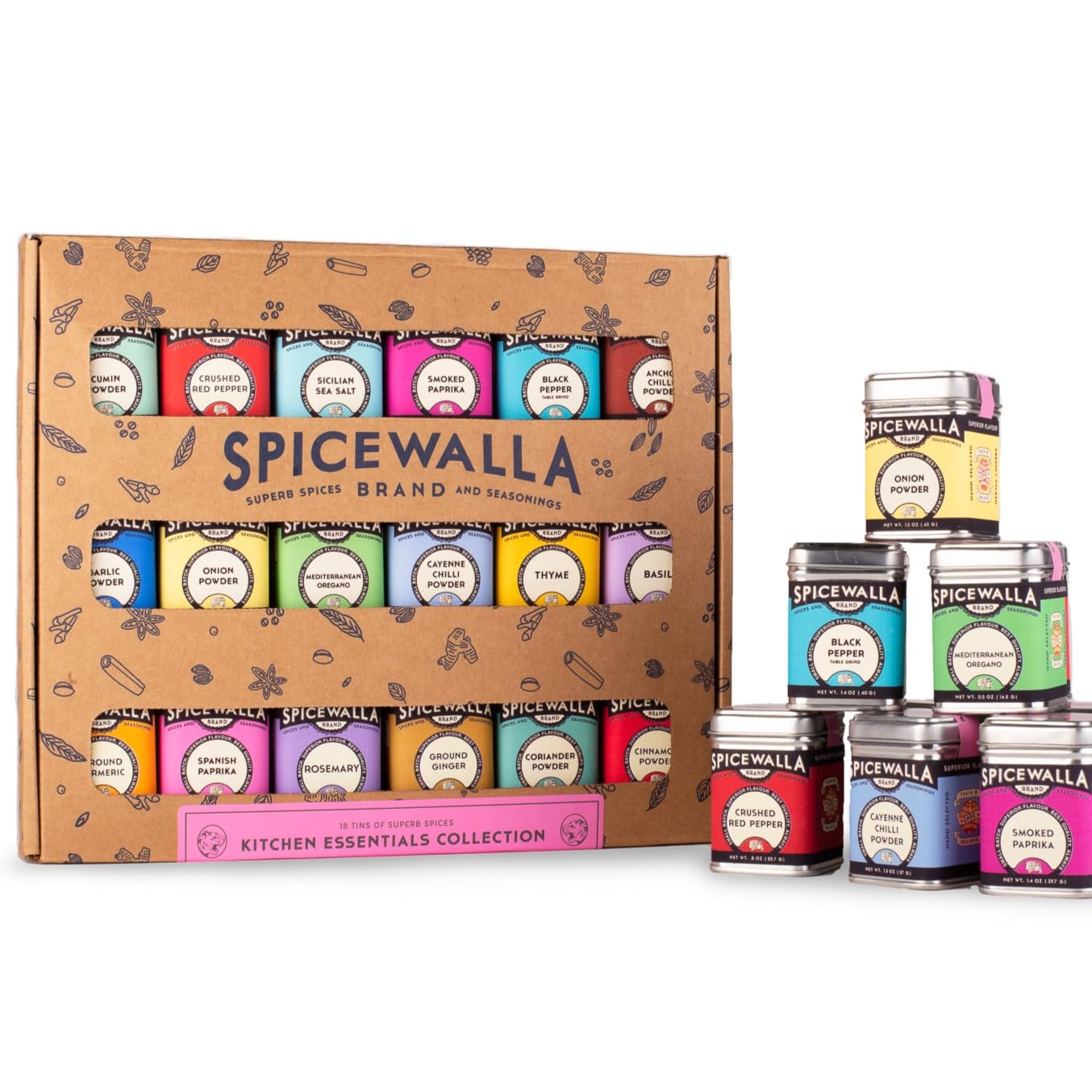 SPICEWALLA Essential Spices and Seasonings Set, 18 Piece Variety, Includes Garlic, Onion, Paprika, Oregano, Model S-PL-2841