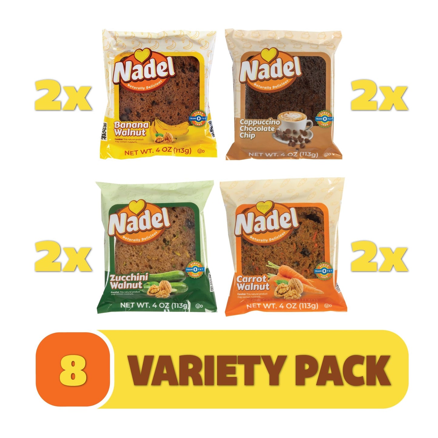 Nadel - Naturally Delicious Sweet Breads Variety Pack (Banana Walnut, Cappuccino Chocolate Chip, Carrot Walnut, Zucchini Walnut)