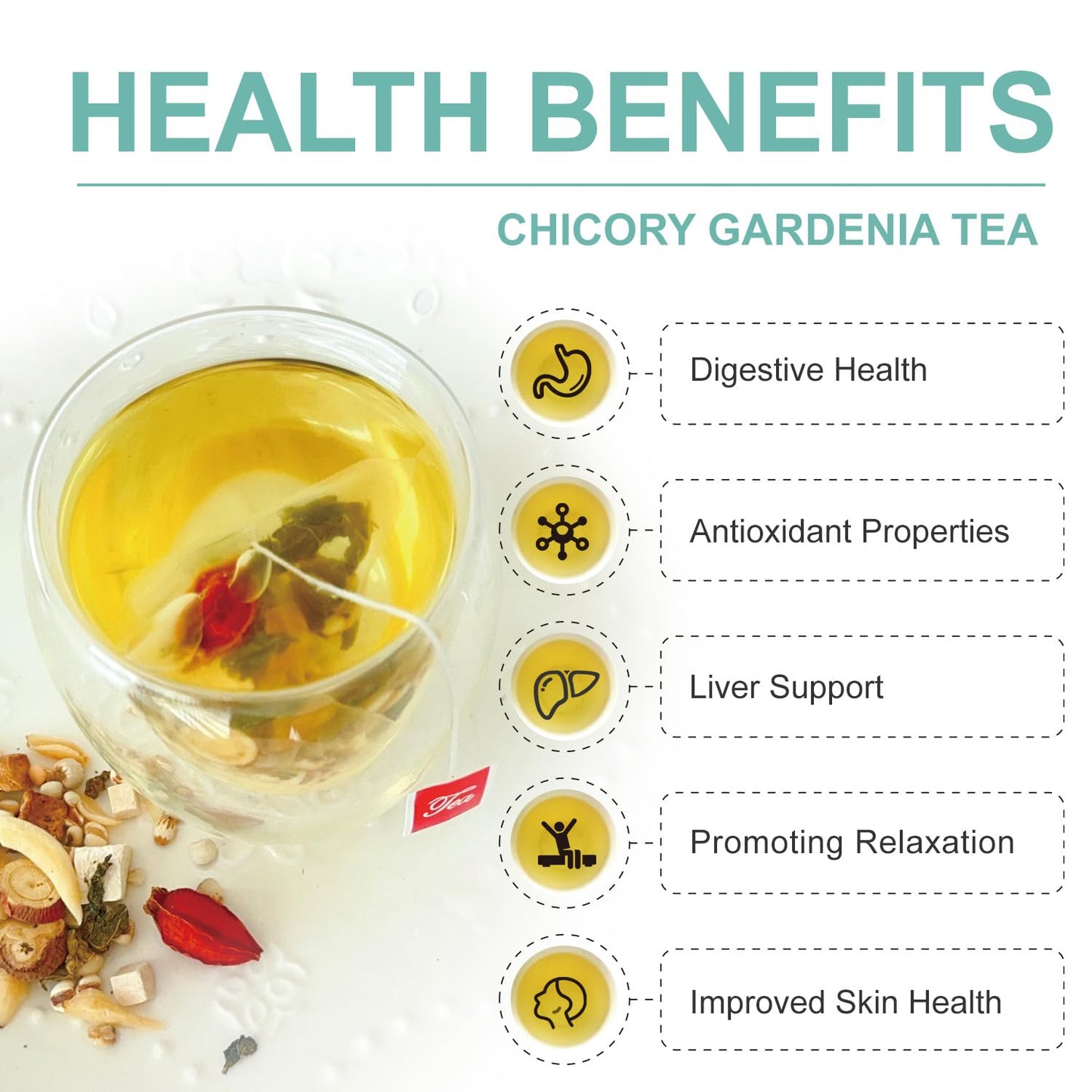 Patiosio Chicory and Gardenia Tea Bags, 2 Pack (50 pcs), Herbal Tea with 8 Natural Ingredients for Detox and Cleanse