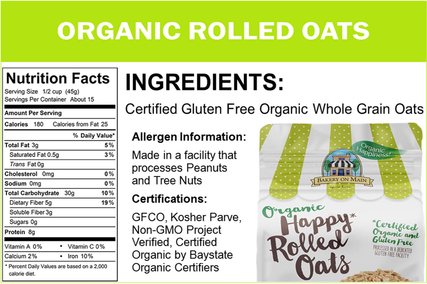 Bakery On Main Organic Oats - Gluten Free Organic Rolled Oats - Non-Gmo, Preservative-Free Organic Rolled Oats For Breakfast, Baking - 24Oz Bag (Pack Of 2)