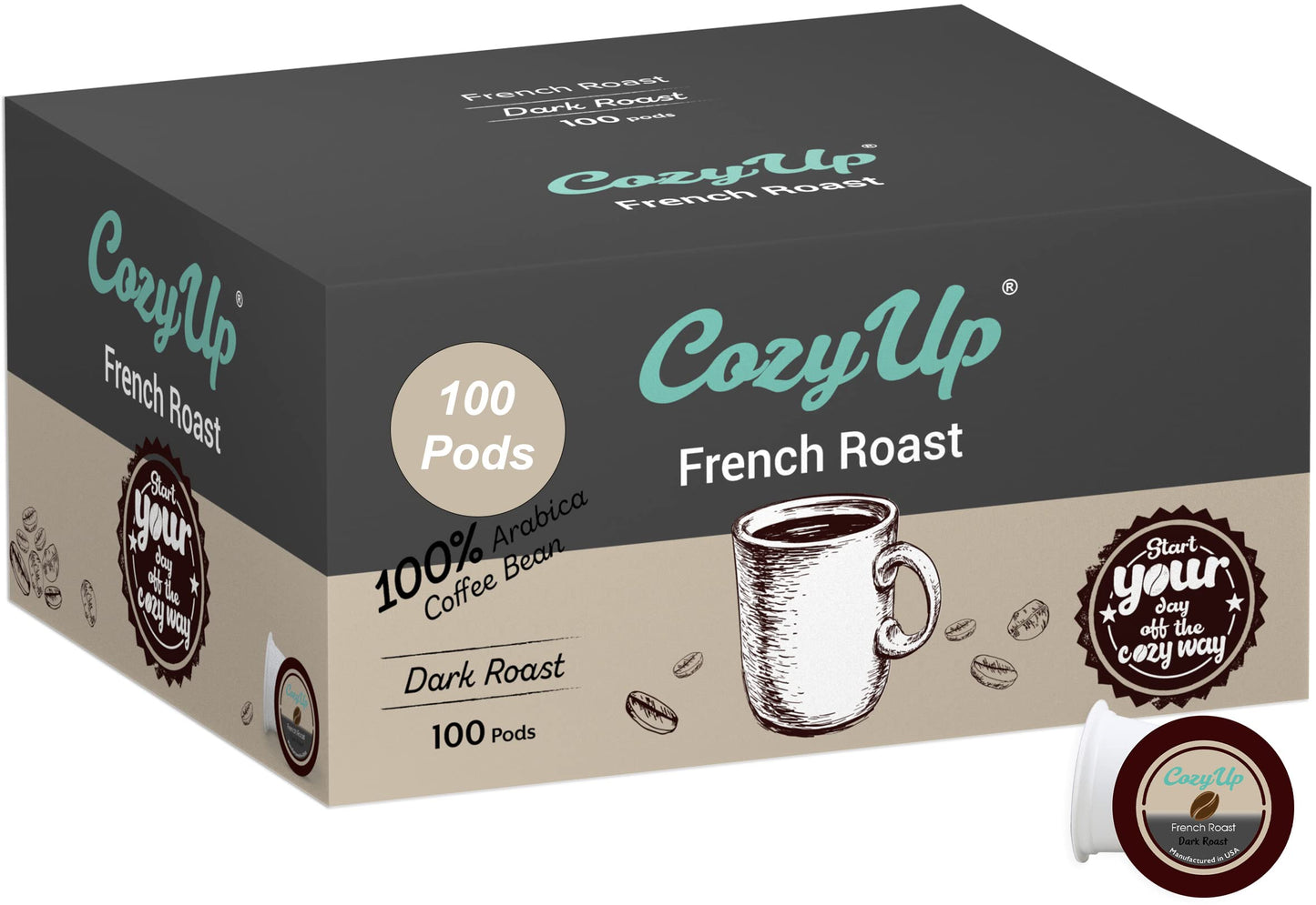 Cozy Up French Roast Coffee Pods, Dark Roast, 100 Count, Compatible with Keurig K-Cup Brewers