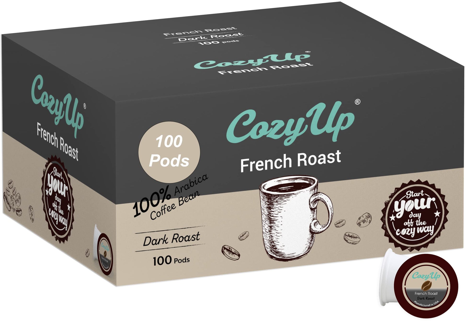 Cozy Up French Roast Coffee Pods, Dark Roast, 100 Count, Compatible with Keurig K-Cup Brewers