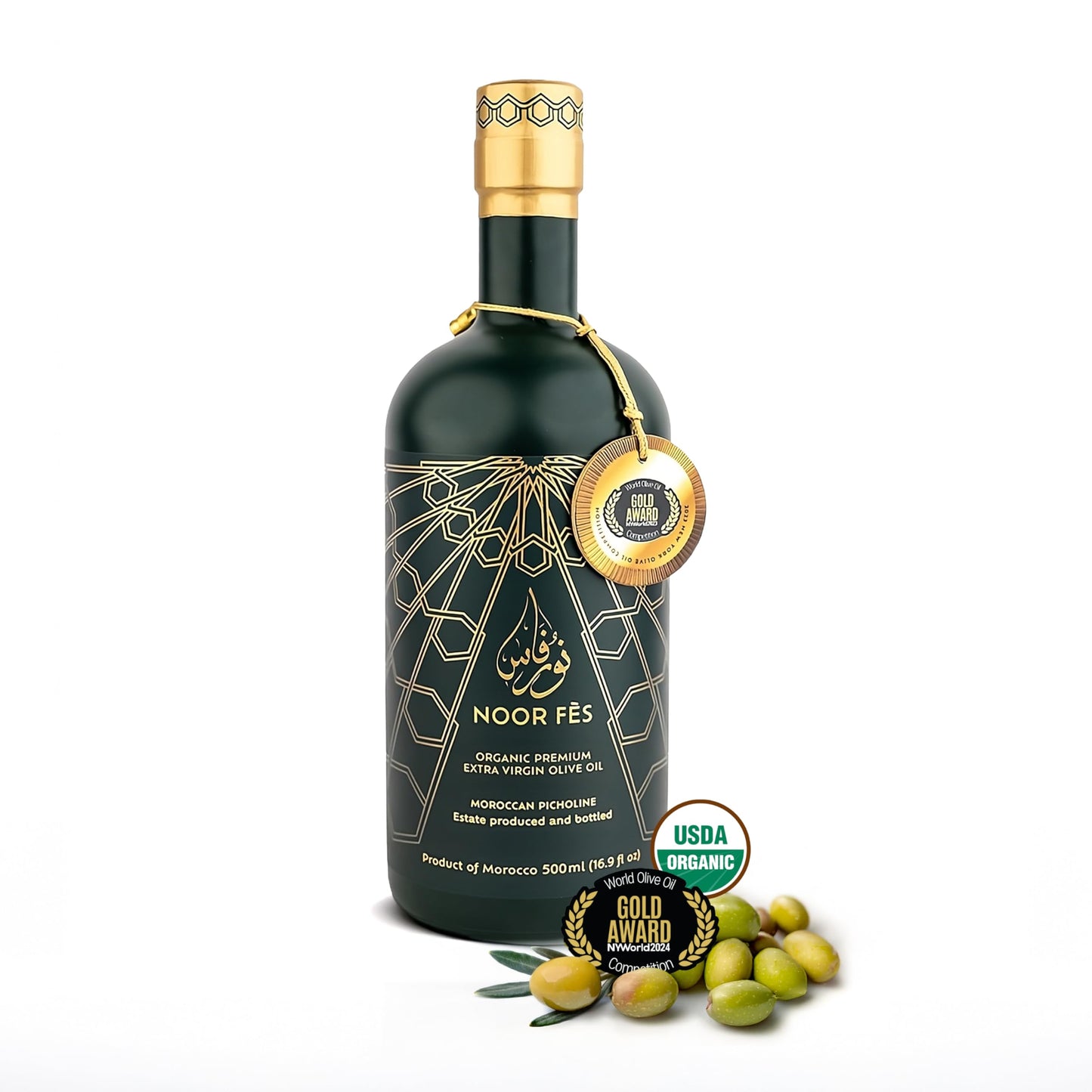 NOOR FÈS Extra Virgin Olive Oil | USDA Organic | Polyphenol Rich 584 mg/kg | 17 fl oz | Moroccan Picholine