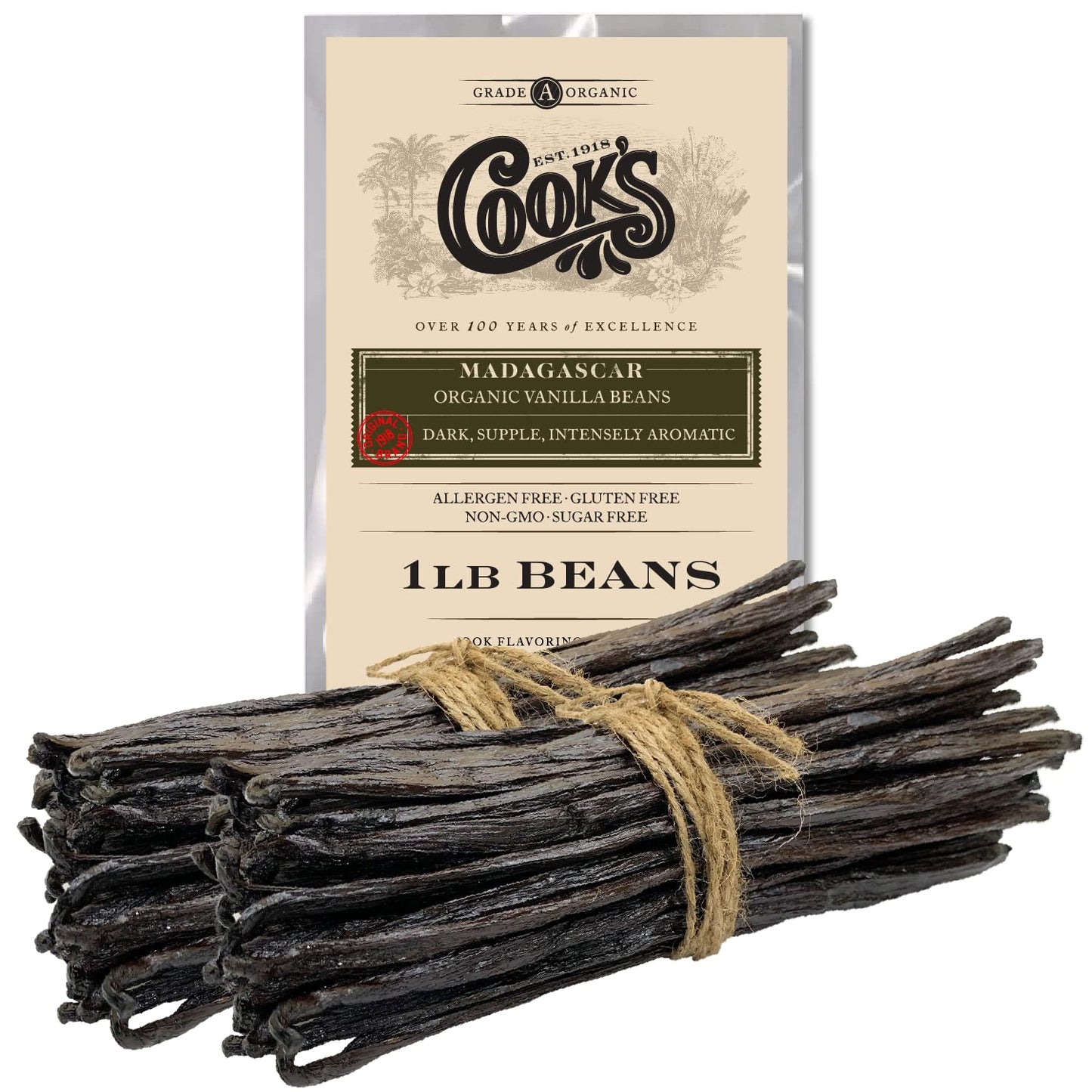 COOKS Organic Madagascar Whole Vanilla Beans, Grade A, 16 oz (1 lb) for Baking & Extract