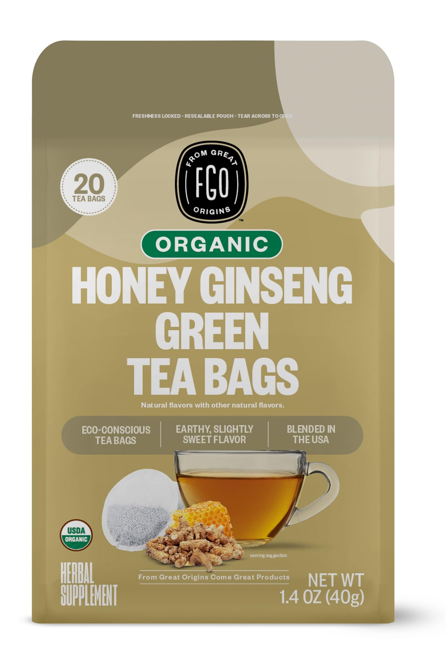 FGO Organic Honey Ginseng Green Tea, 20 Count, Eco-Conscious Tea Bags, Resealable Bag, Packaging May Vary (Pack of 1)