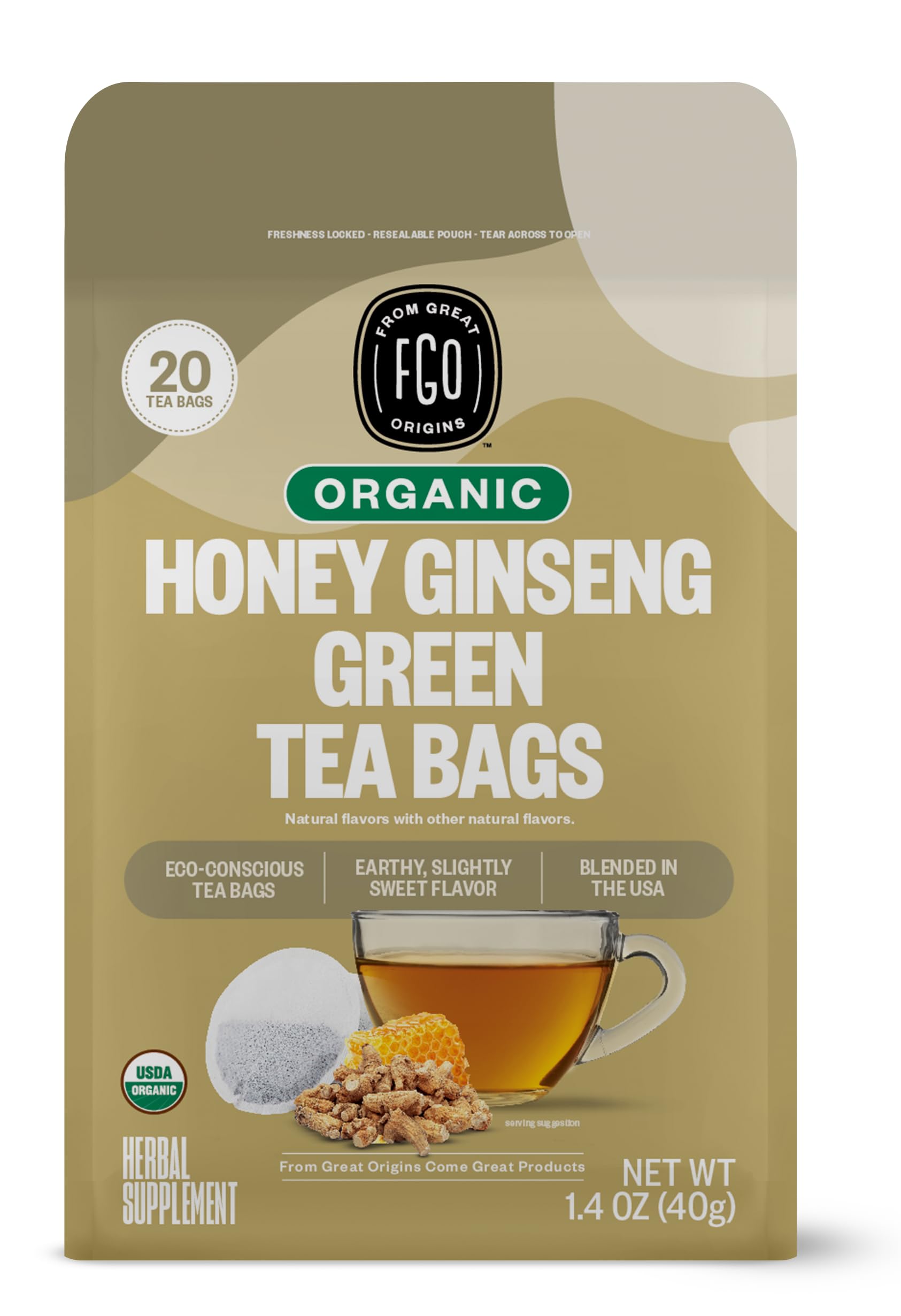 FGO Organic Honey Ginseng Green Tea, 20 Count, Eco-Conscious Tea Bags, Resealable Bag, Packaging May Vary (Pack of 1)