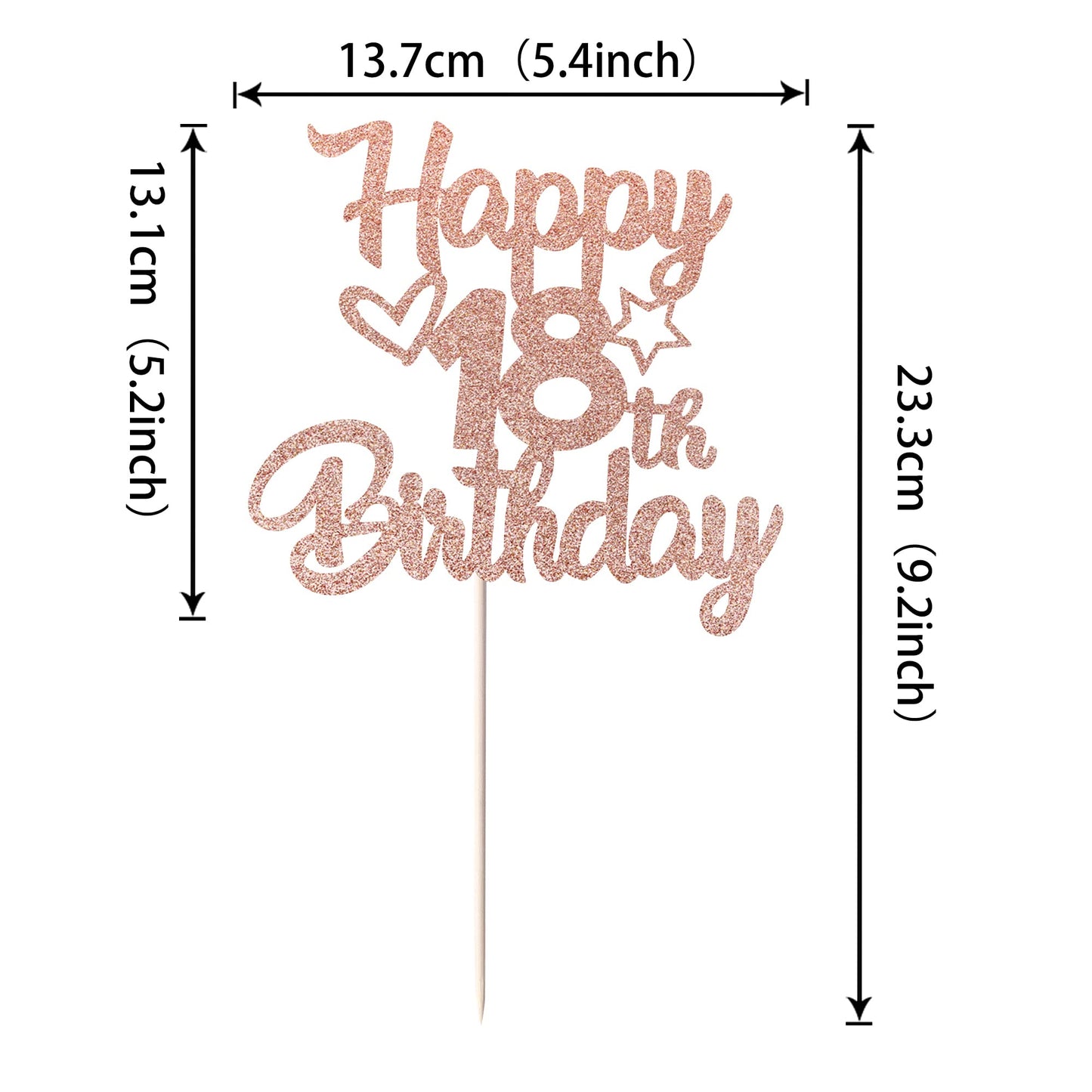 YCTHUNFISH 18th Birthday Cake Topper Glitter Heart Star Rose Gold Bamboo Decoration