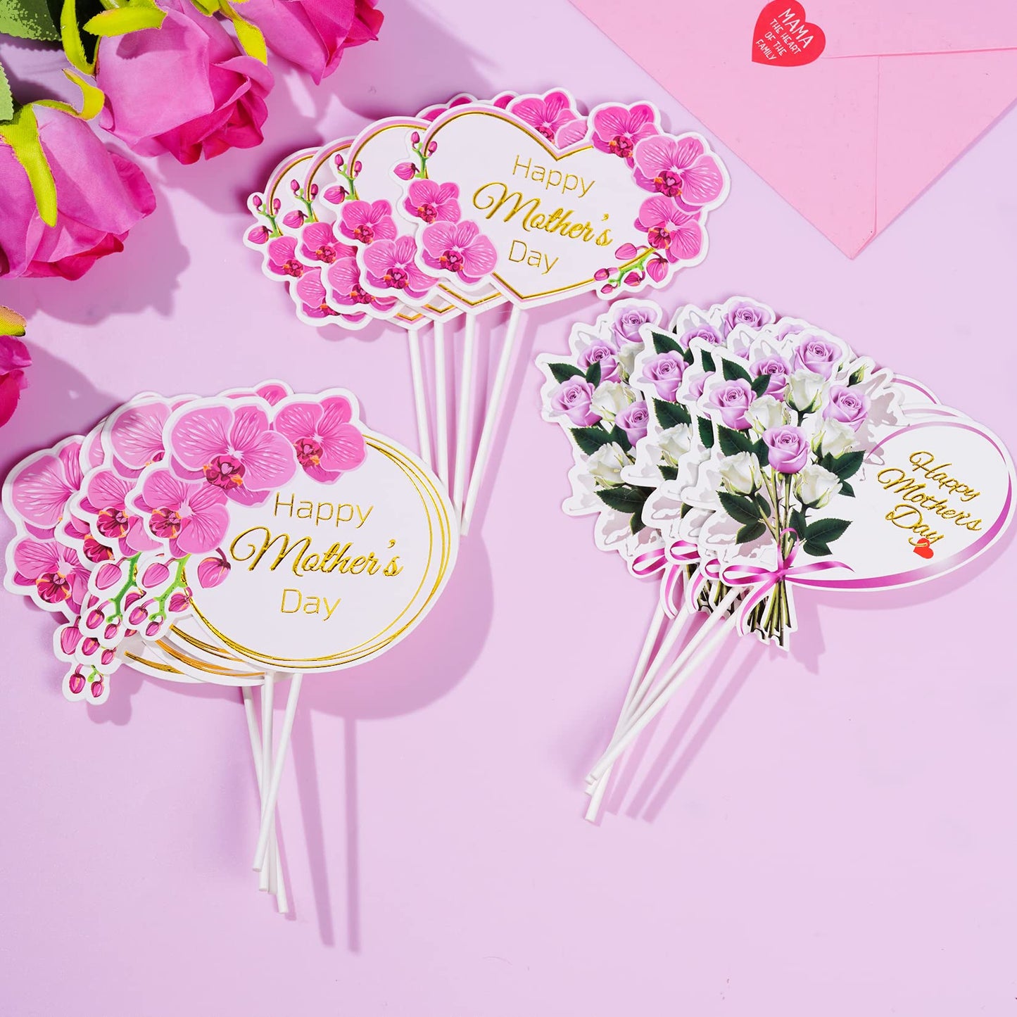 Sumersha 12 Pieces Happy Mother'S Day Cake Toppers Flower Cupcake Topper For Mother'S Day Birthday Cake Decoration Party Supplie