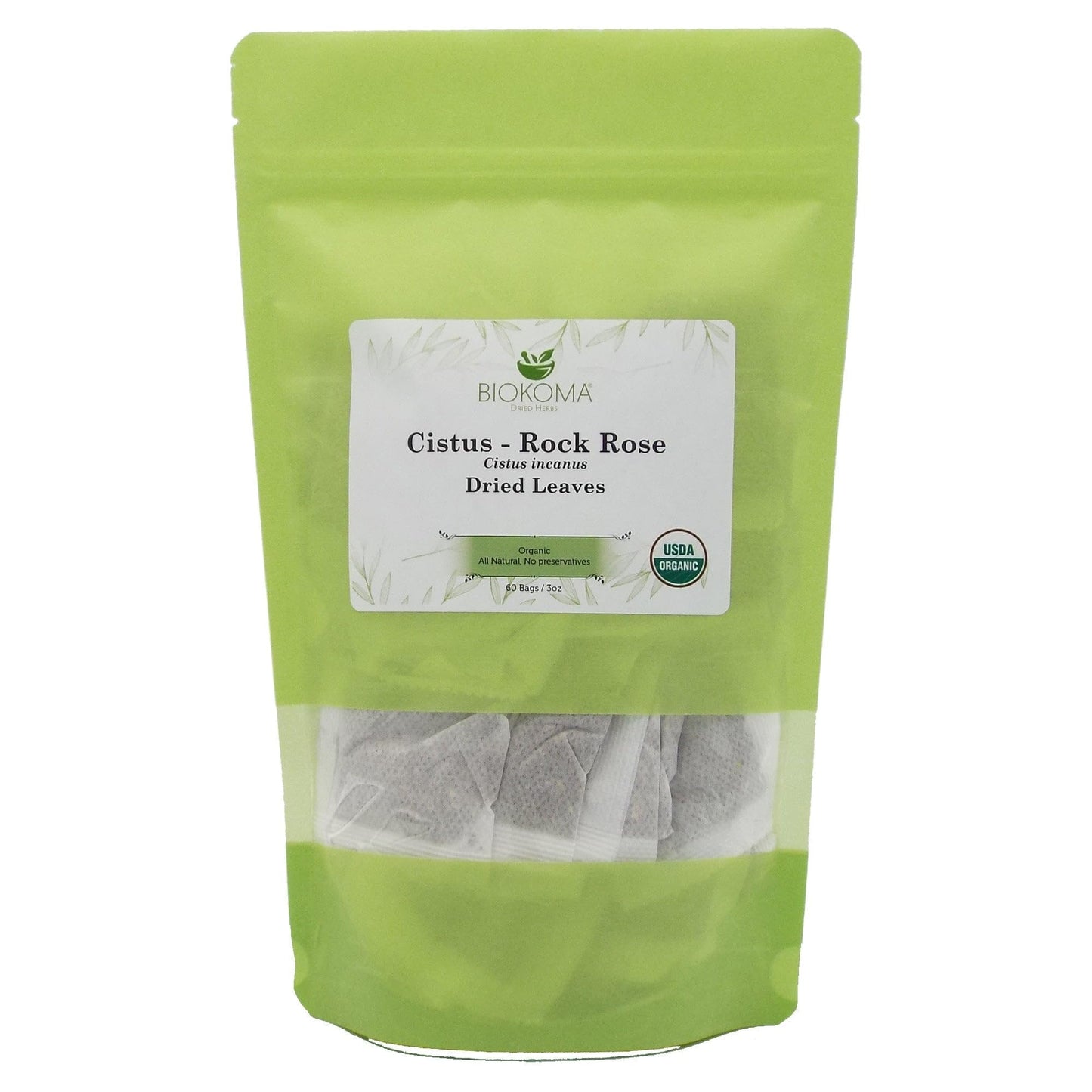 Biokoma Organic Cistus Dried Leaves Tea, 60 Bags, Resealable Pouch, USDA Certified, No Additives, No Preservatives, Kosher