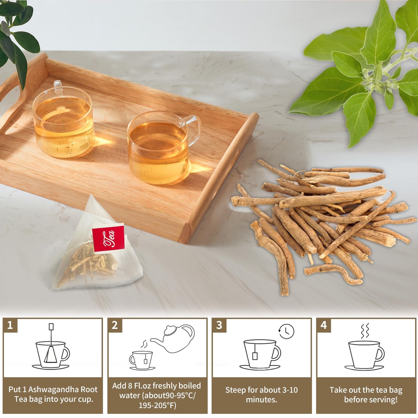 Tempoak Ashwagandha Root Herbal Tea Bags - 60 Caffeine-Free Bags, Pure & Natural