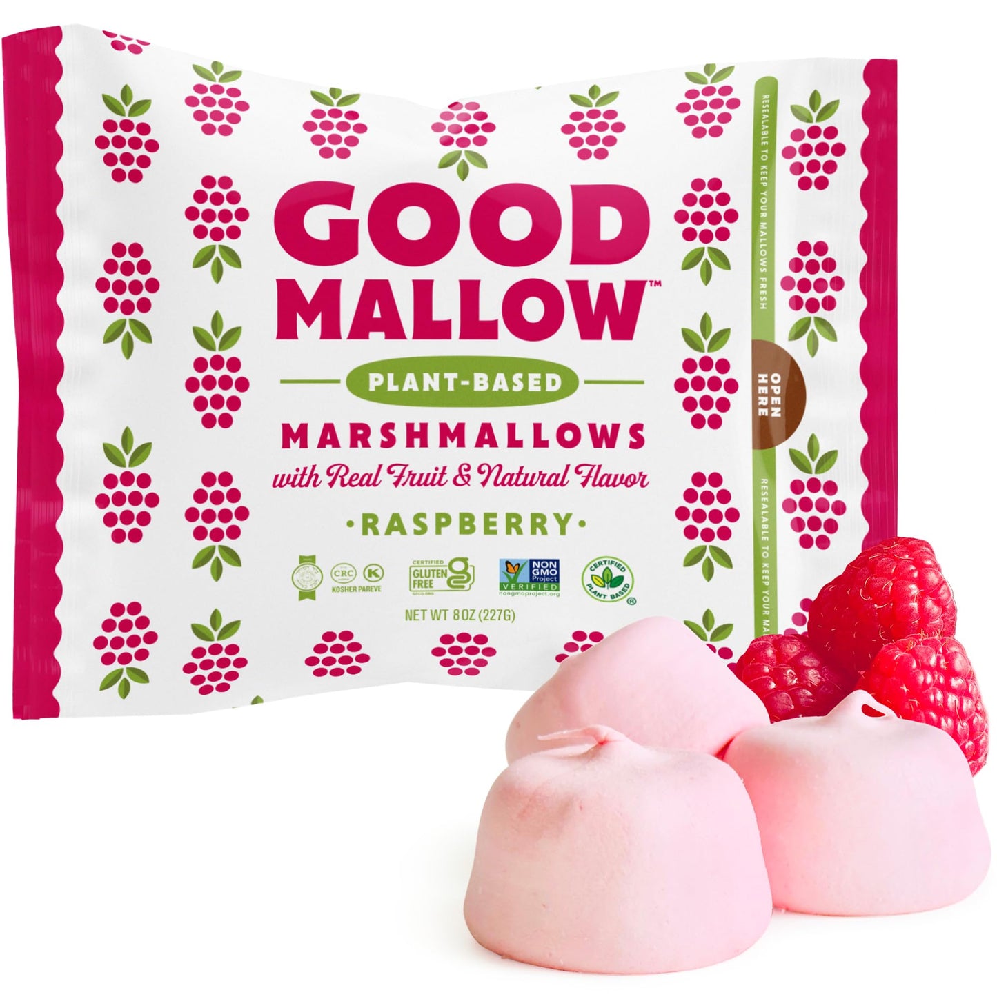 GoodMallow Vegan Marshmallows - Large 8 Ounce - Kosher, Gluten Free, Dairy Free, Gelatin Free, Raspberry Flavor