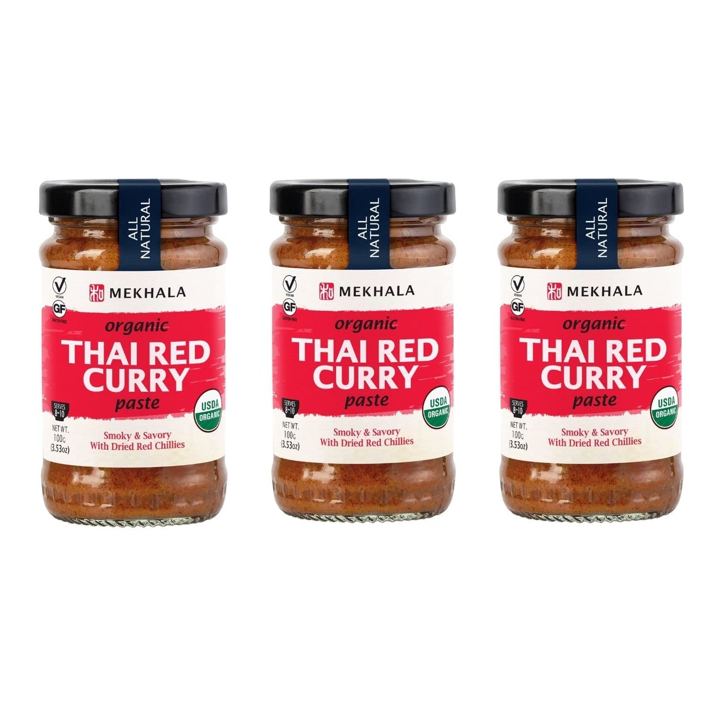 Mekhala Organic Thai Red Curry Paste Value 3-Pack. VEGAN. GLUTEN-FREE. NO ADDED SUGAR. Versatile. HOT (3x3.5oz)