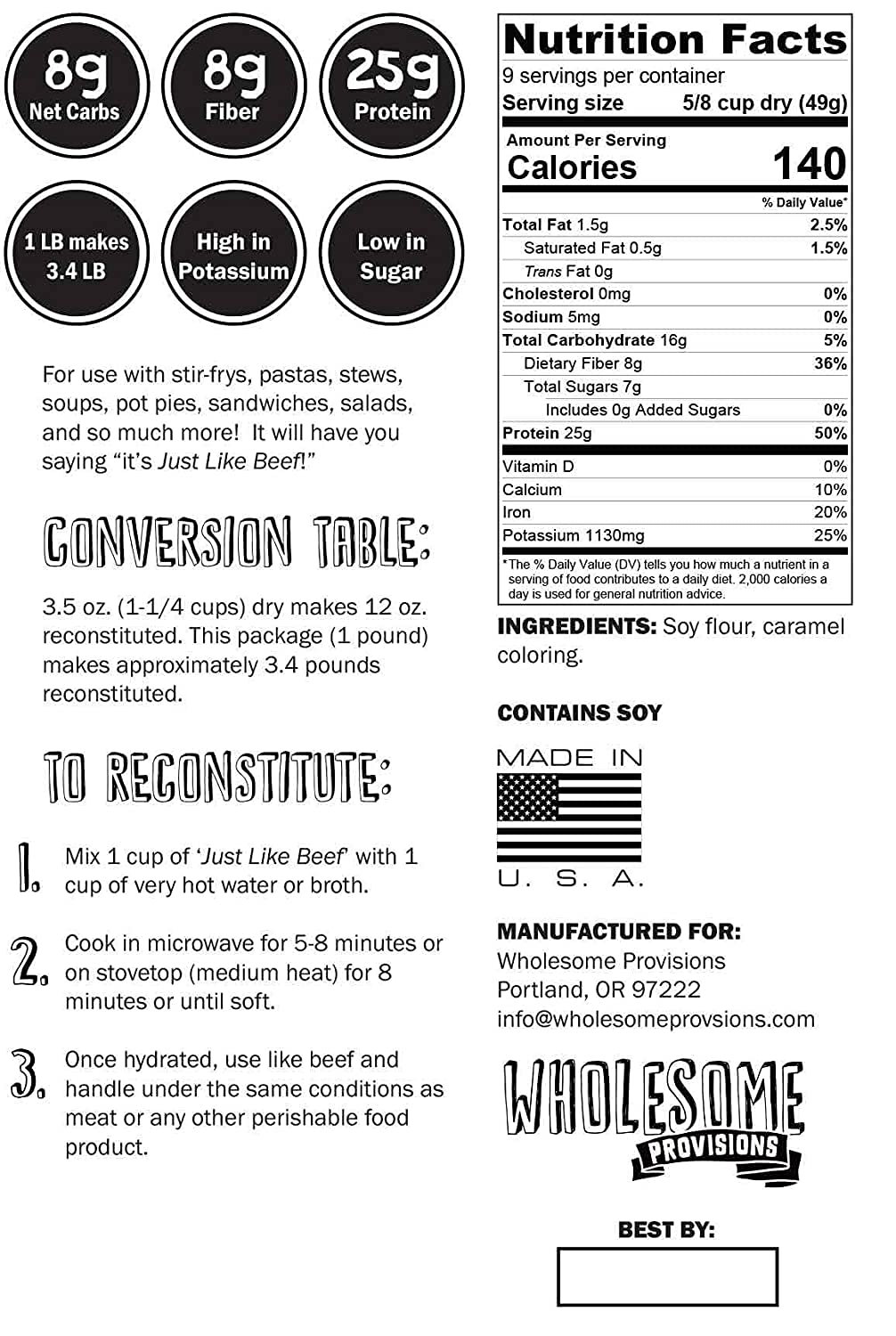 Wholesome Provisions Textured Vegetable Protein, Vegan Meat Substitute, 100% Hexane Free, Made With #1 Graded Yellow Soybeans, M