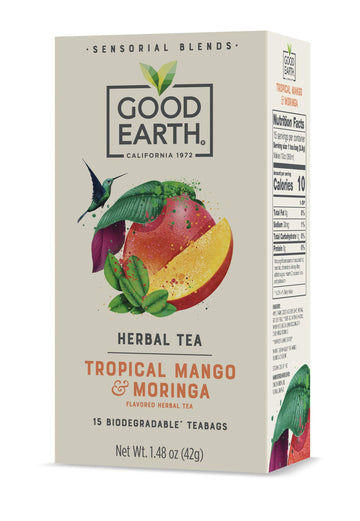 Good Earth Sensorial Blend Flavored Herbal Tea Tropical Mango and Moringa, No Artificial Color, No Preservatives, 15 Bag (Pack o