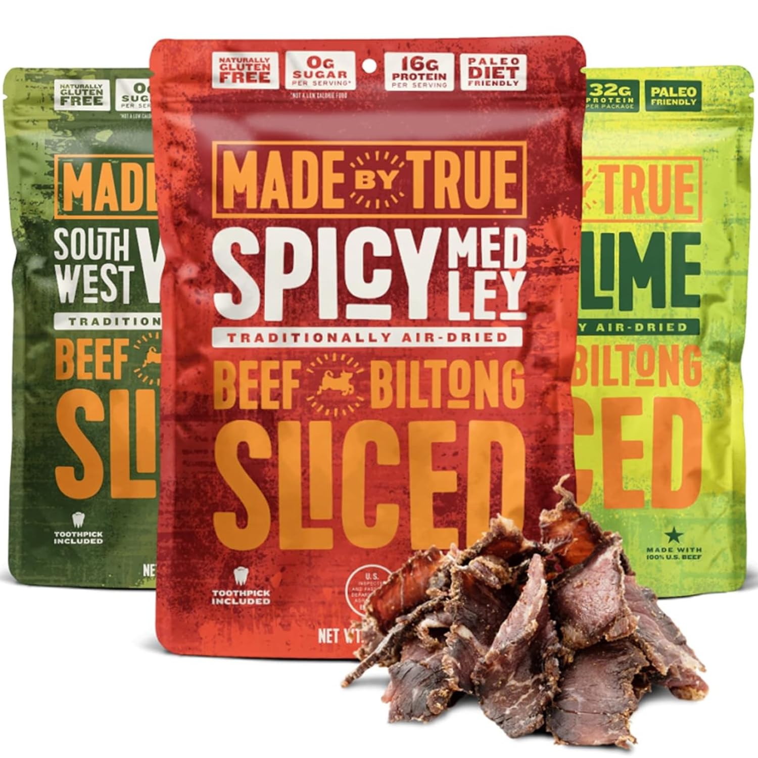 True Jerky Sliced Bites Spicy Variety - All Natural, Zero Sugar, High Protein - 2 oz (Pack of 3)