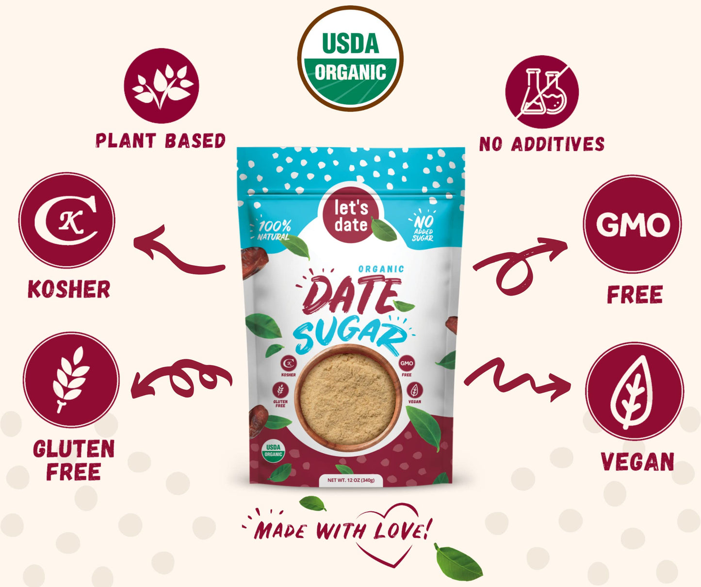 Lets Date Organic Date Sugar, Vegan & Gluten Free, 12oz Pack of 6