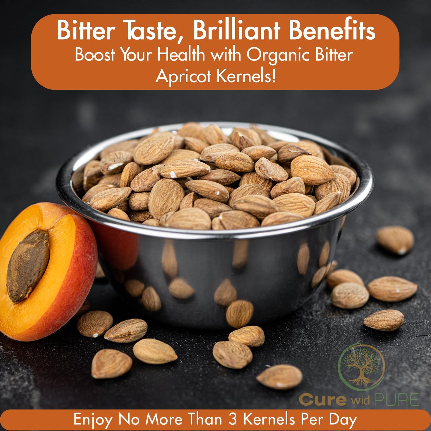 Cure wid Pure Certified Organic Apricot Seeds 1lb -Freshly Packed Gluten Free Raw Non-GMO Organic Bitter Apricot Kernels - Rich in  - Eco-Friendly Resealable Pack Max 3 Kernels Per Day