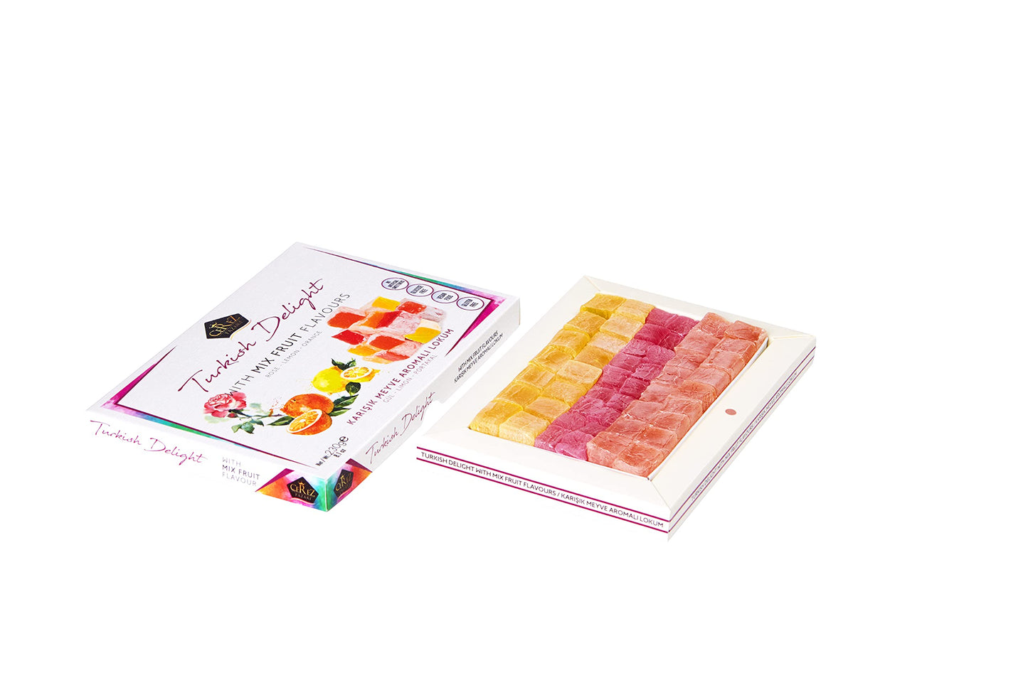 Çerez Pazari Turkish Delight Gift Box, Rose, Orange & Lemon Flavors, 8.1 Oz, Vegan Traditional Confectionery, Approx. 32 Pcs