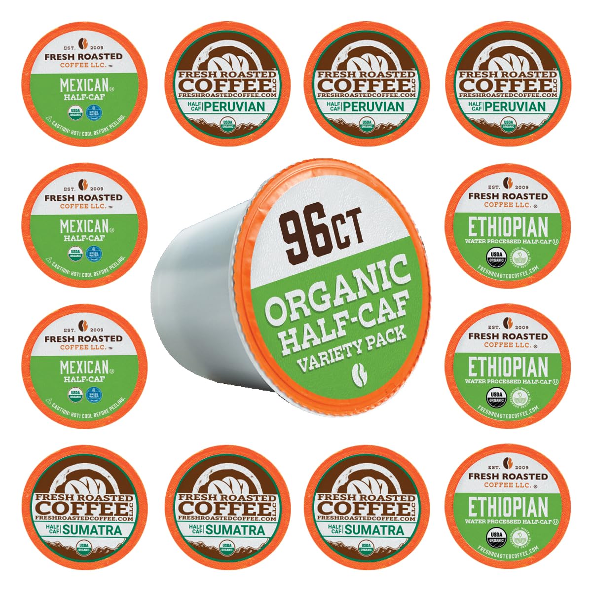 Fresh Roasted Coffee Half-Caf Variety Pack, Organic, Kosher, K-Cup Compatible, 96 Pods
