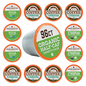 Fresh Roasted Coffee Half-Caf Variety Pack, Organic, Kosher, K-Cup Compatible, 96 Pods