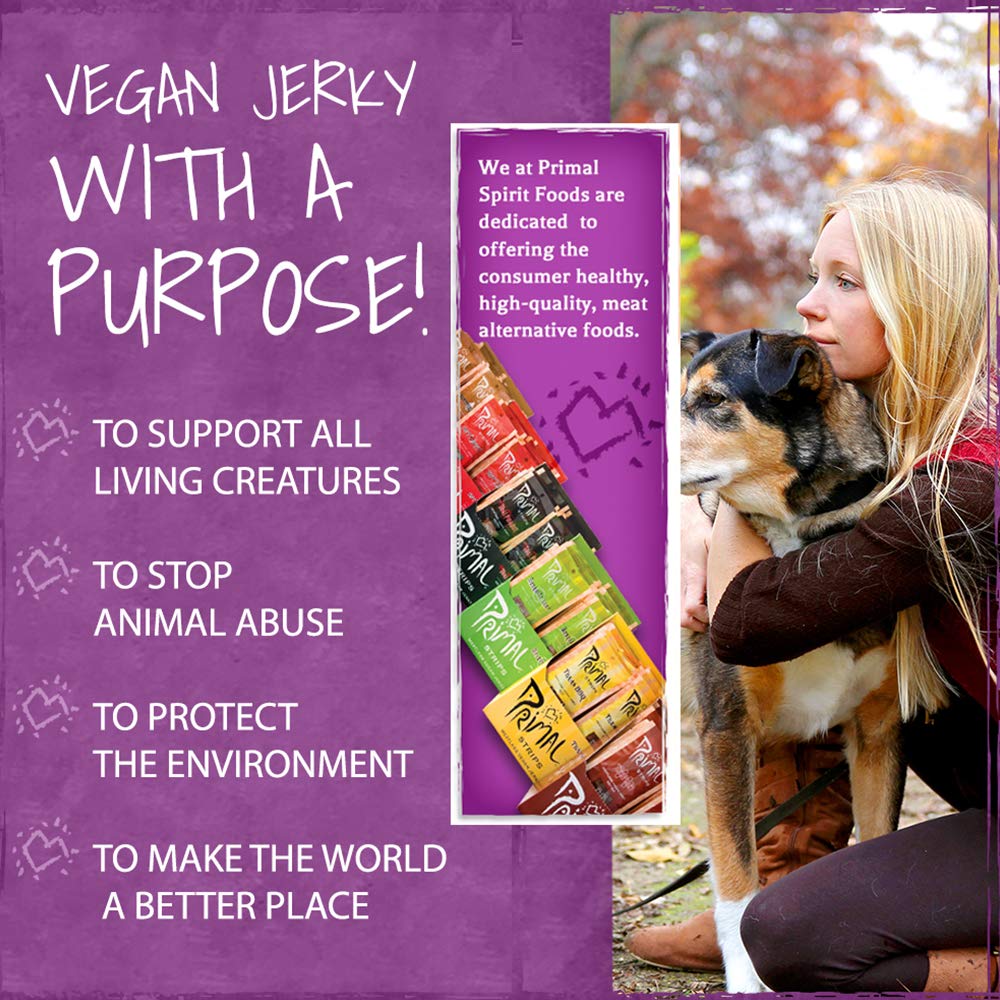 Primal Spirit Vegan Jerky 12-Pack - 10g Plant-Based Protein, Teriyaki, Hickory Smoked, Texas BBQ, Thai Peanut, Hot & Spicy, Mesquite Lime