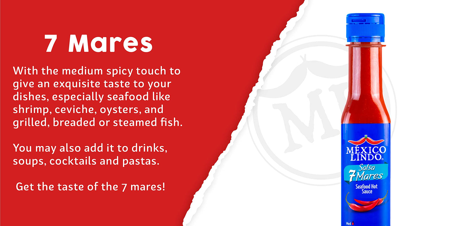 Mexico Lindo 7 Mares Hot Sauce | Perfect For Fish & Seafood | 10,800 Scoville Level | Spicy Flavor | 5 Fl Oz Bottles (Pack Of 6)