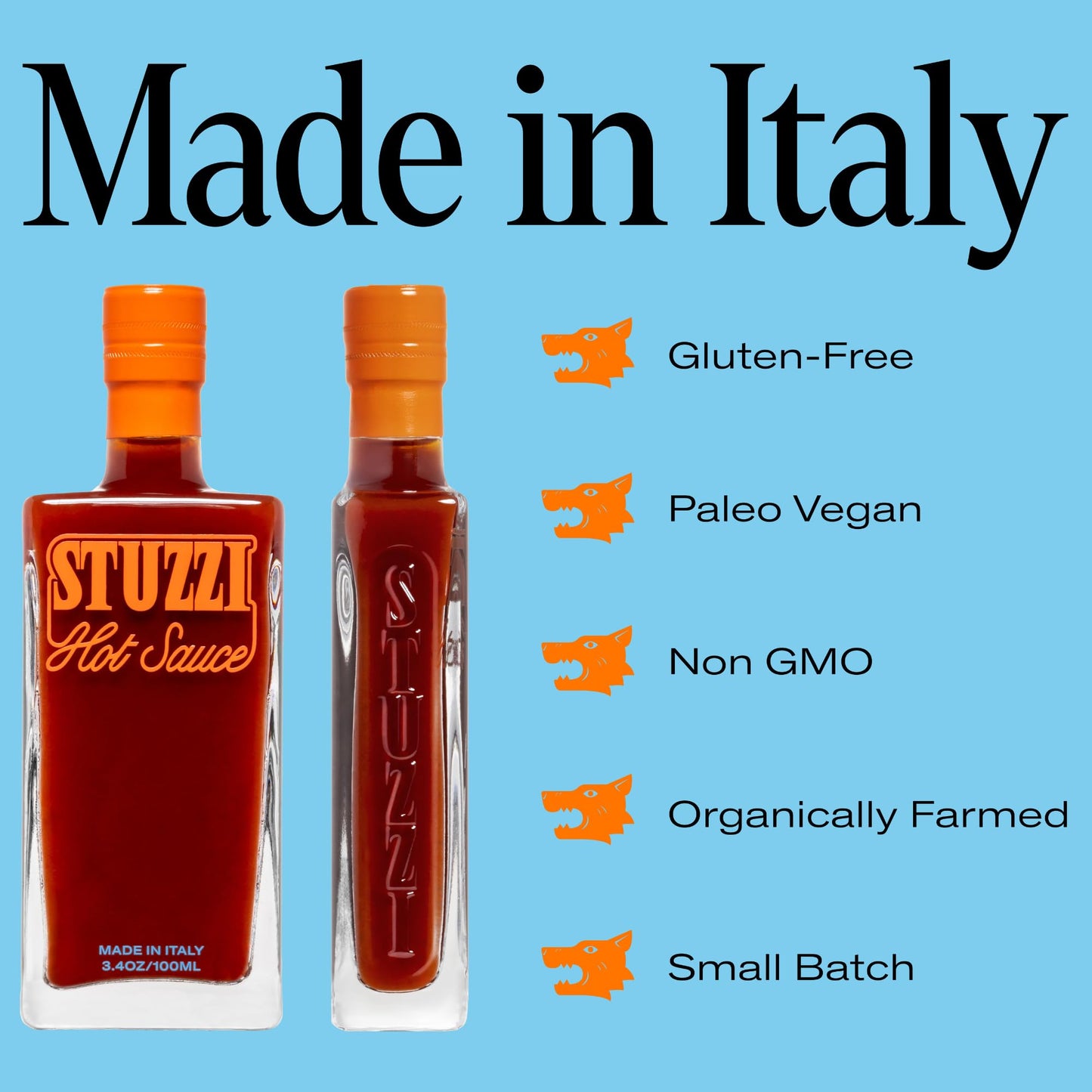 Stuzzi enhanced Italian Hot Sauce  Small-Batch Craft Sauce  Dried Campanian & Cayenne Peppers  Medium Heat on Pizza  Tacos + More Vegan  Non-GMO No Preservatives  Spicy Holiday Gift 3.4 oz Glass Bottle