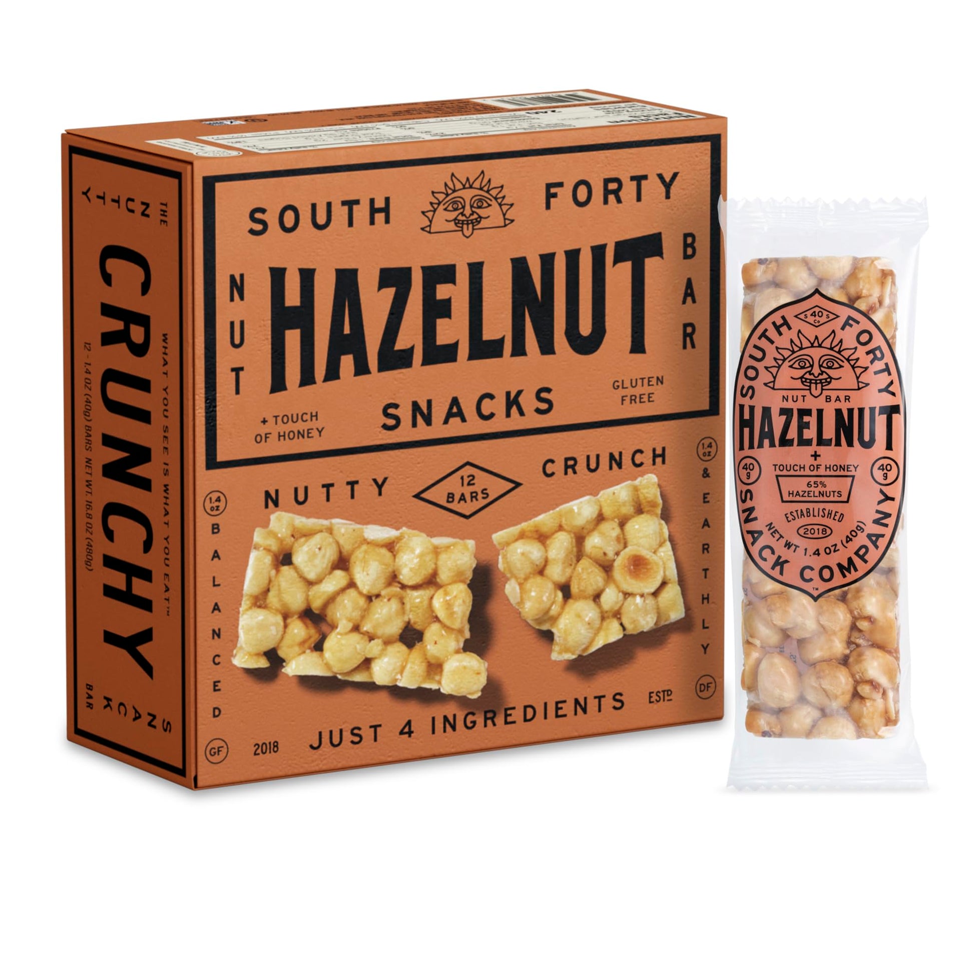 SOUTH FORTY SNACKS Hazelnut Bar, Extra Crunchy Nut Snack, 4g Protein, 12 Count Pack
