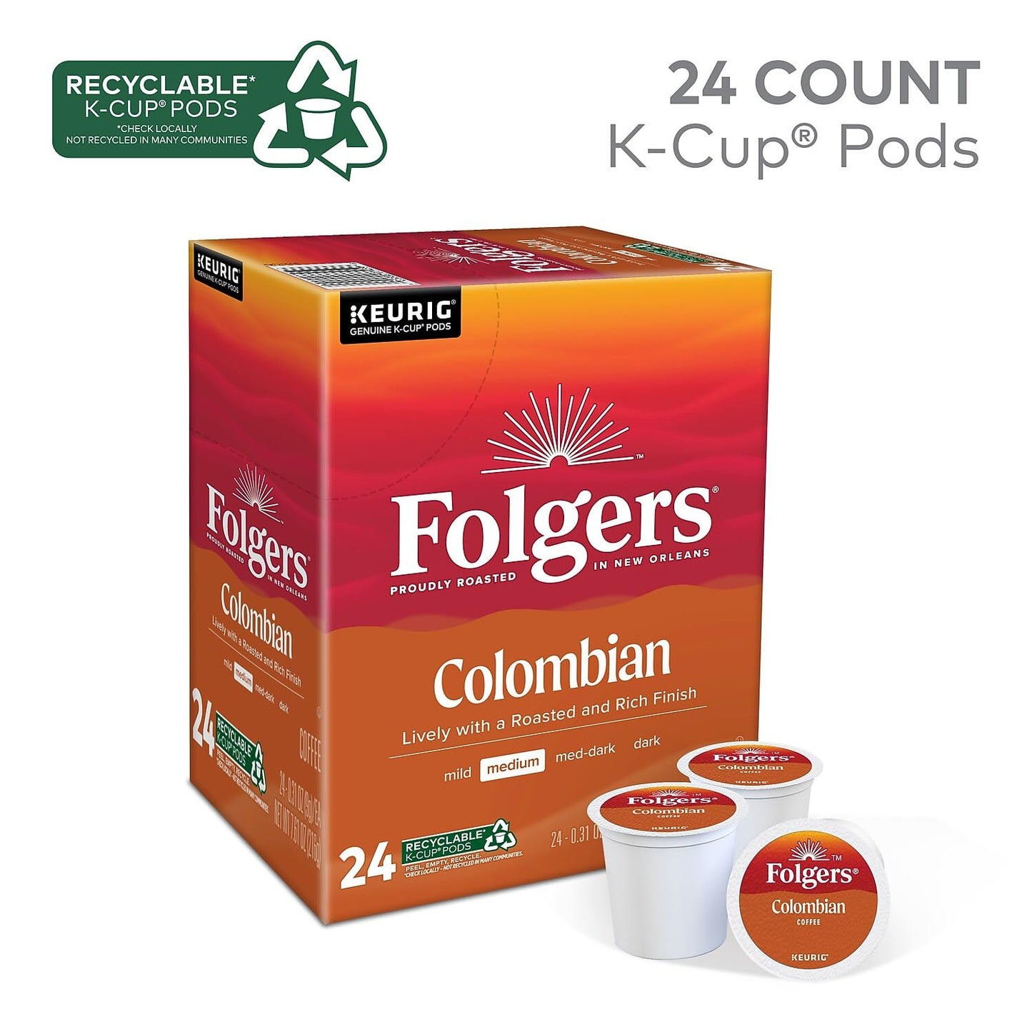Folgers Lively Colombian K-Cup Pods for Keurig, 24 Count, Model CAJ-084