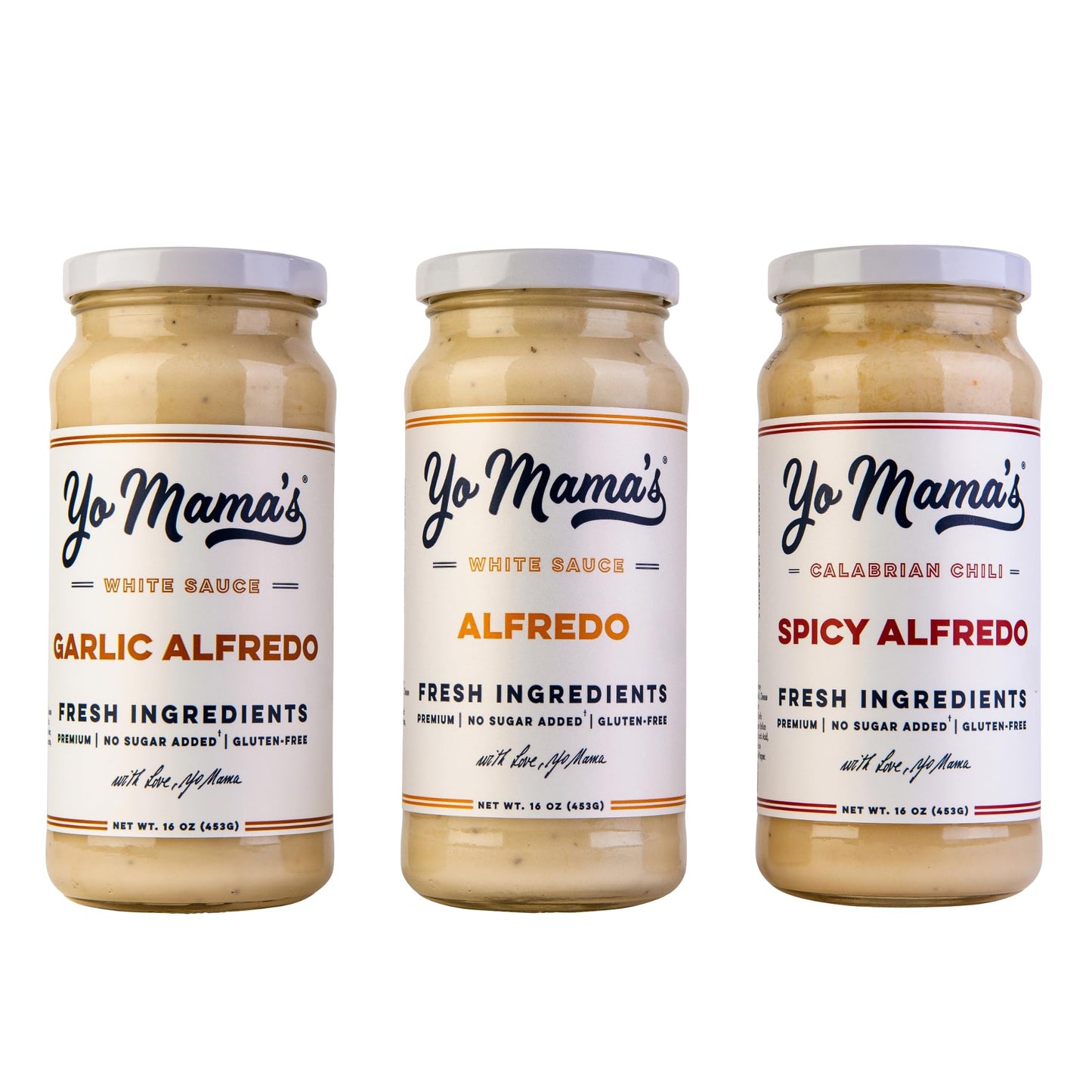 Yo Mamas Foods Gourmet Keto Alfredo Pasta Sauces Variety Pack | (3) 16 Ounce Glass Bottles | Classic (1), Garlic (1) And Spicy (