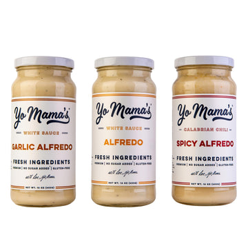 Yo Mamas Foods Gourmet Keto Alfredo Pasta Sauces Variety Pack | (3) 16 Ounce Glass Bottles | Classic (1), Garlic (1) And Spicy (