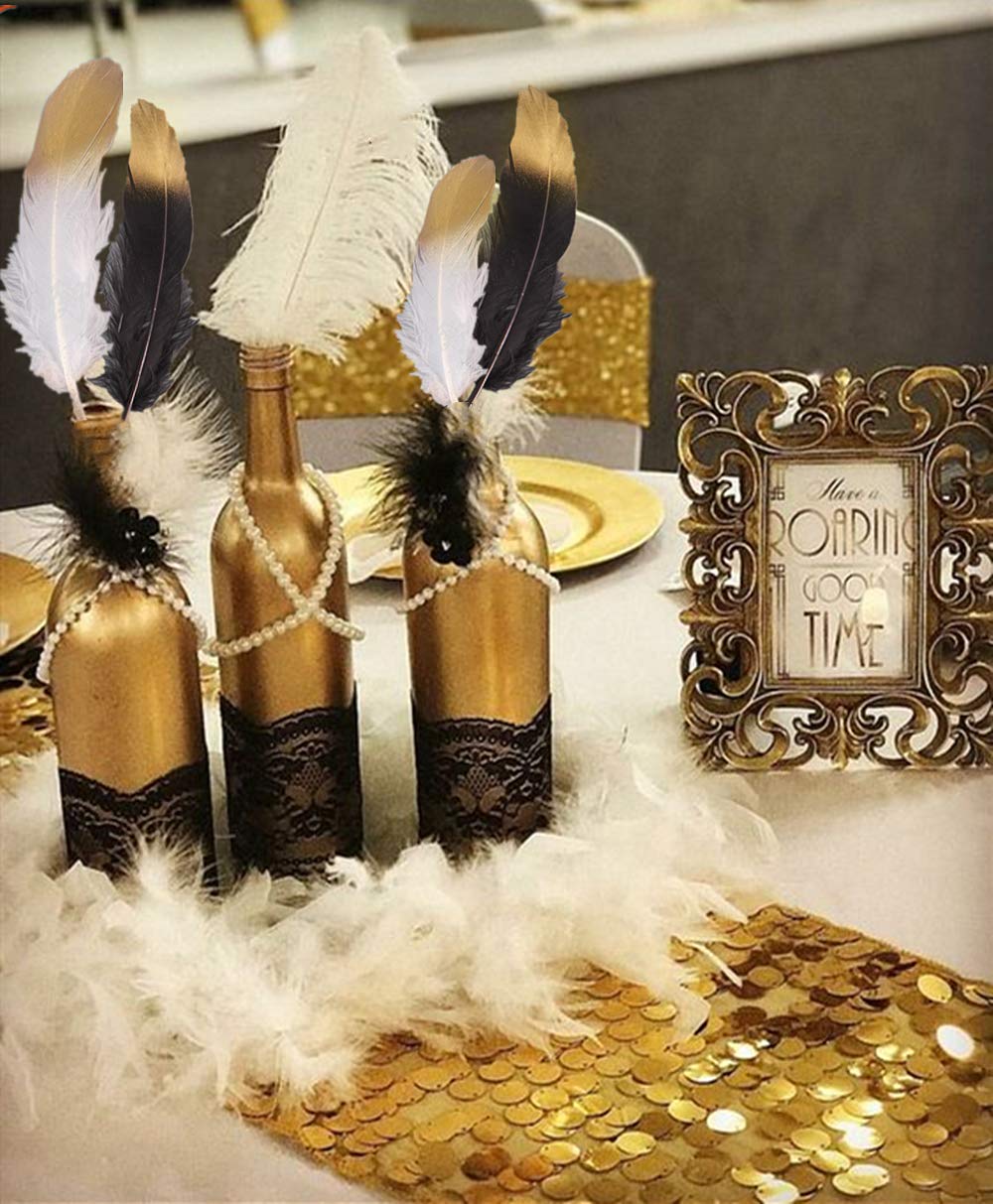 Jevenis 41 Pcs Gorgeous Black And Gold Dipped Feather Black Feathers White Pearl Bead Necklaces For 1920'S Wedding Cake Decorati