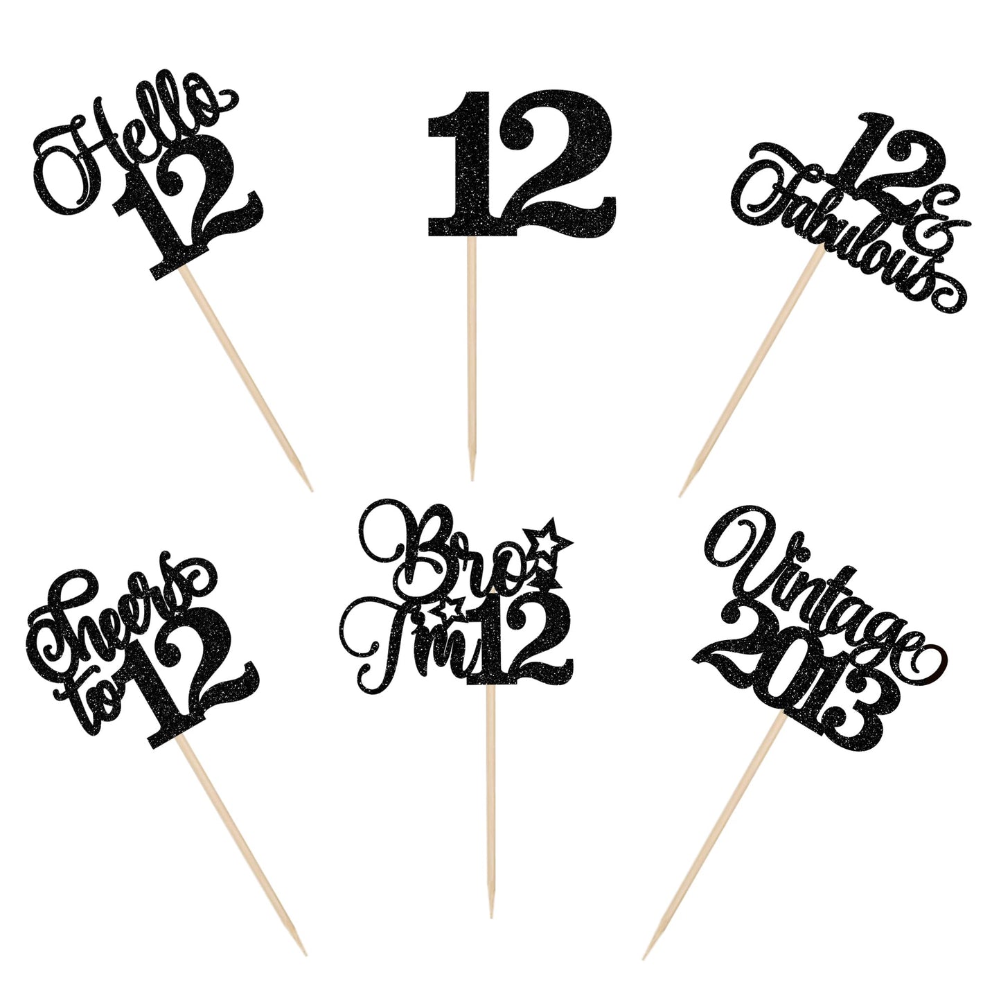 Rssta i Cupcake Toppers - 24 Pack Vintage Glitter Picks for 12th Birthday, Wedding, Anniversary - Black